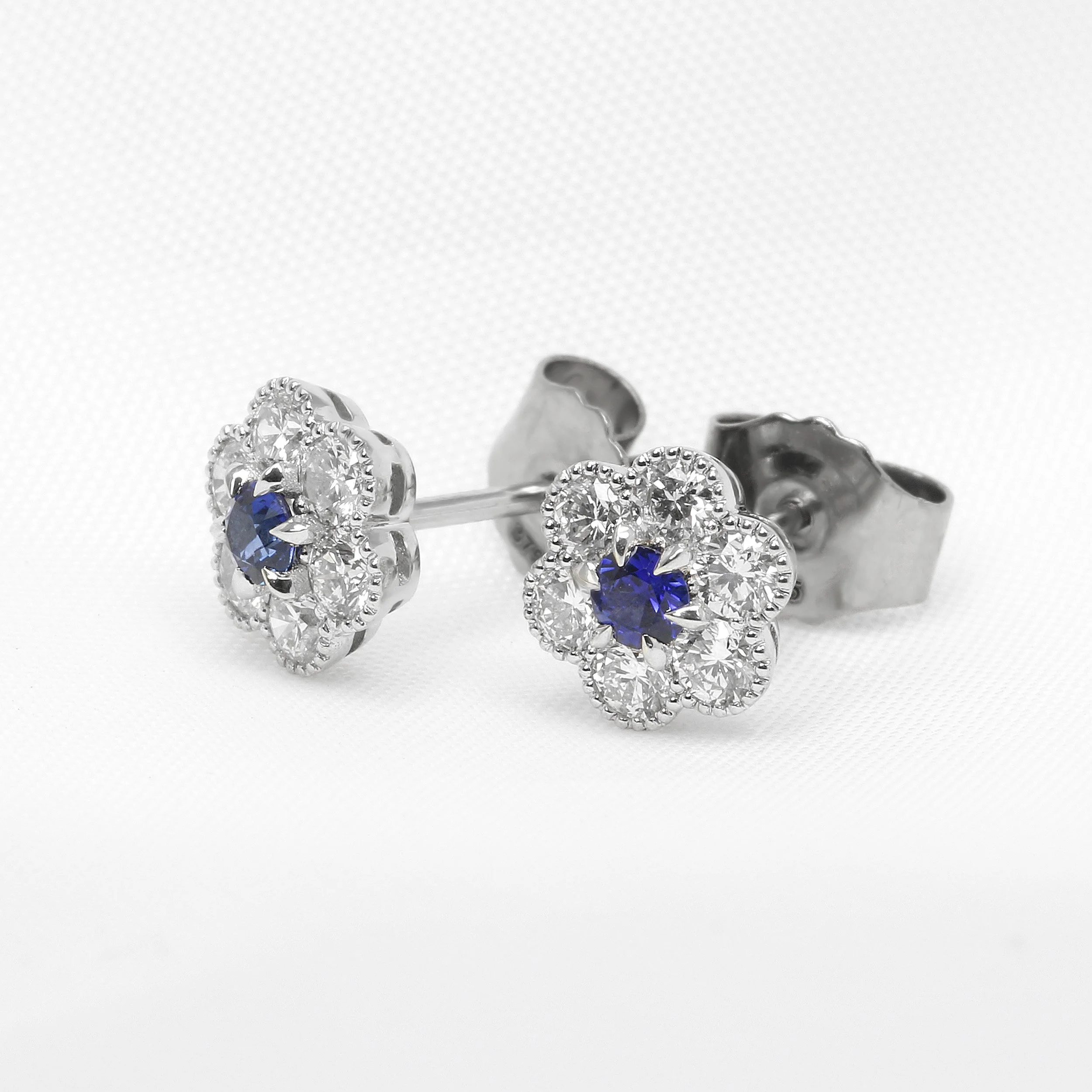 Sapphire and Diamond Daisy Cluster Stud Earrings