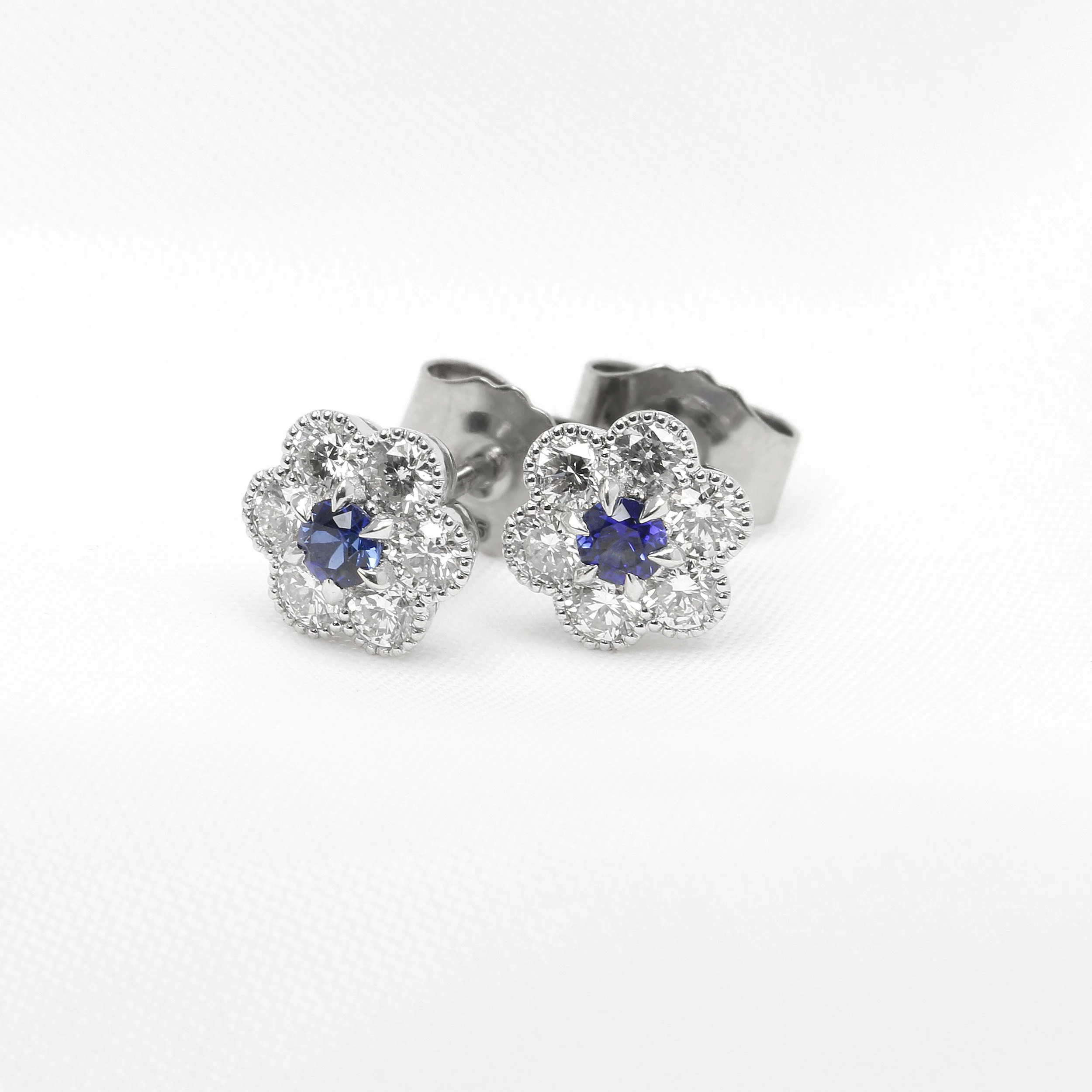 Sapphire and Diamond Daisy Cluster Stud Earrings