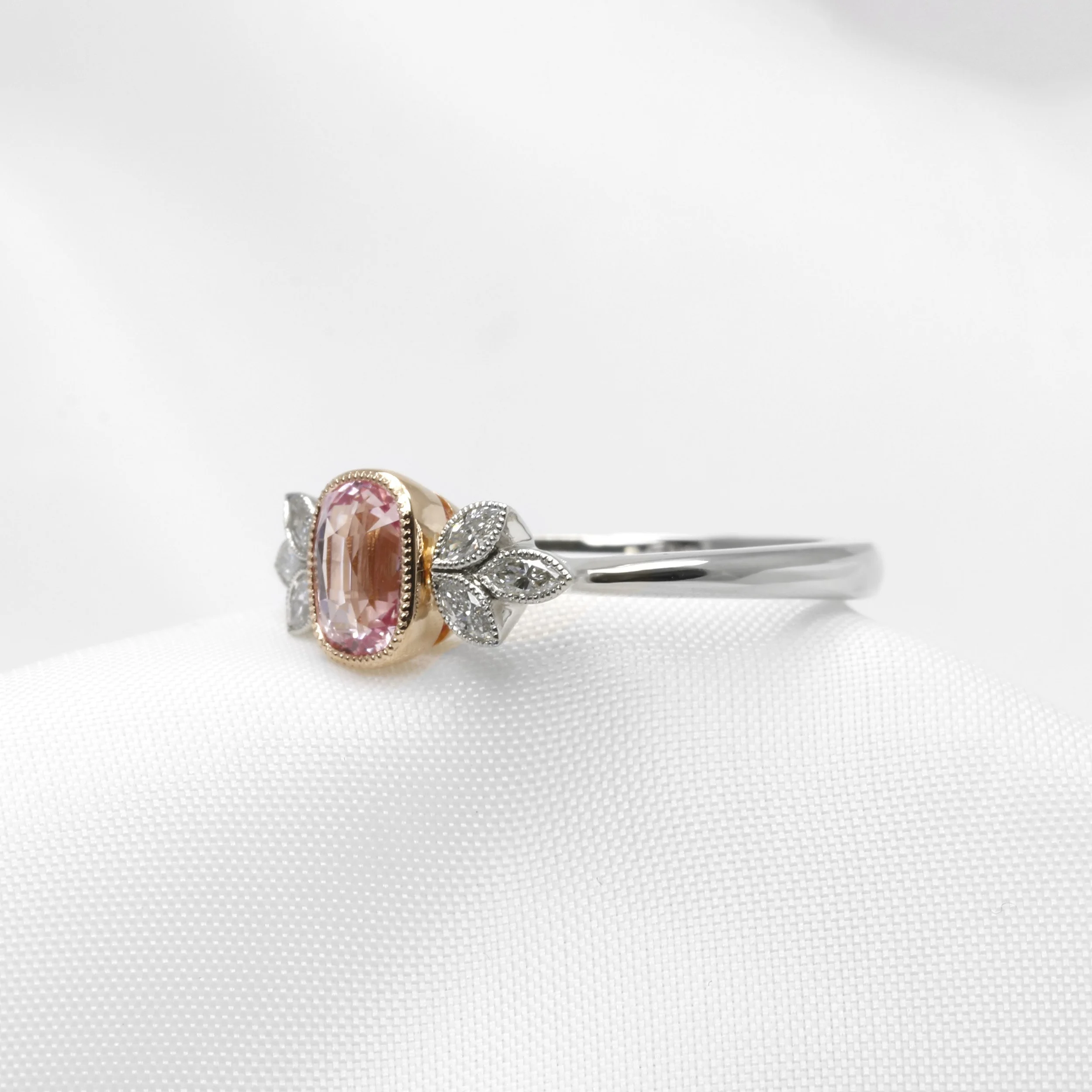 Pink Sapphire and Diamond Ring in Platinum and Rose Gold