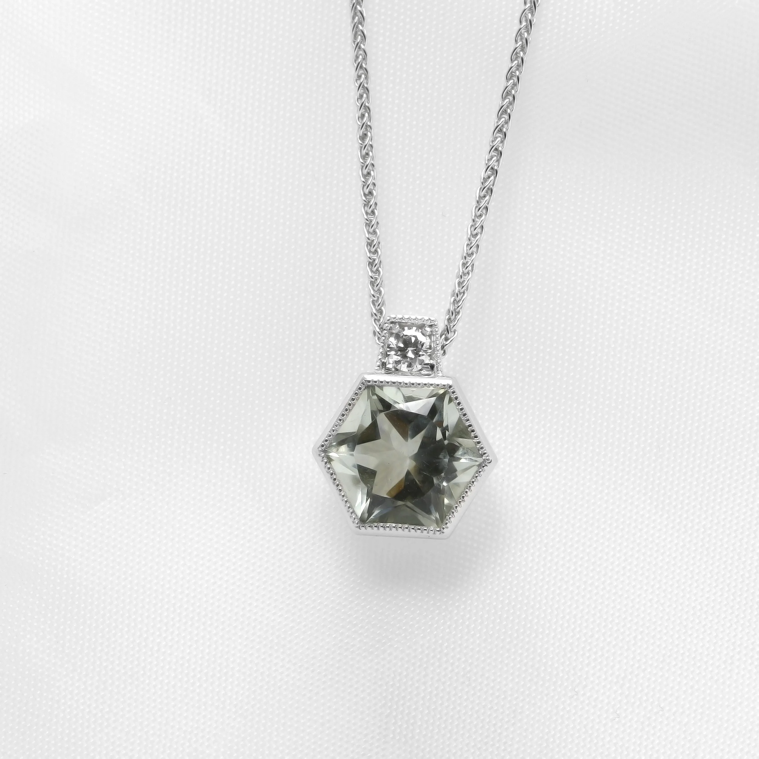 Green Quartz and Diamond Pendant in White Gold