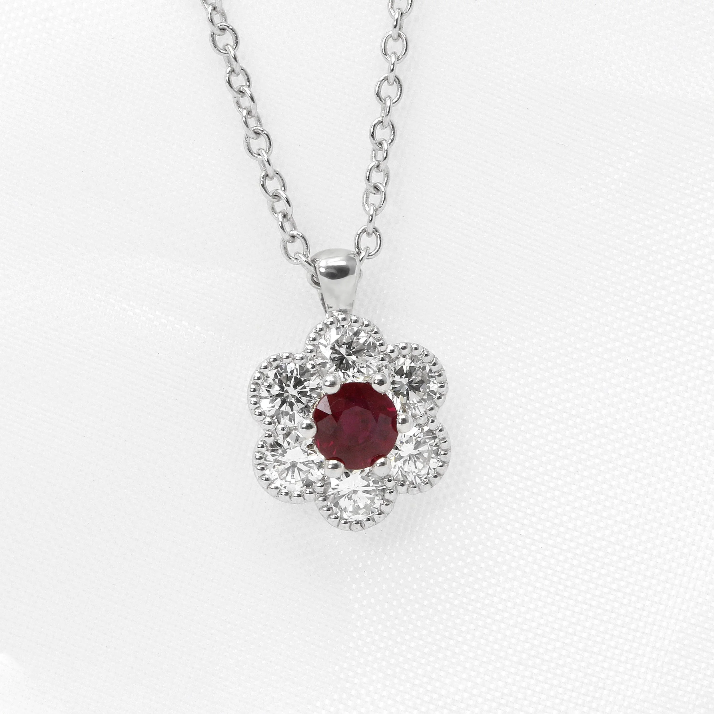 Ruby and Diamond Daisy Cluster Pendant
