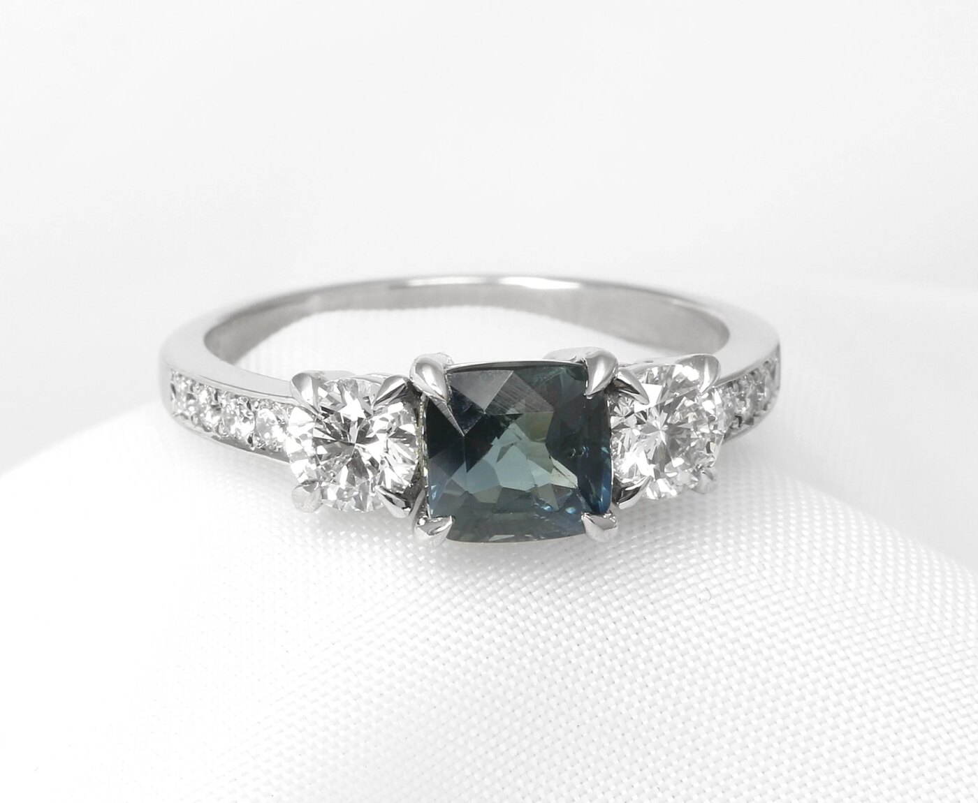 Teal Sapphire and Diamond Ring in Platinum