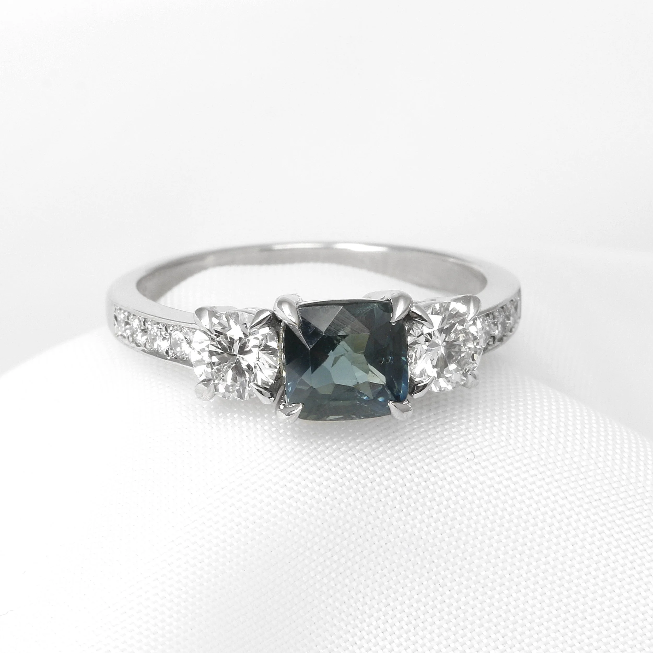 Teal Sapphire and Diamond Ring in Platinum