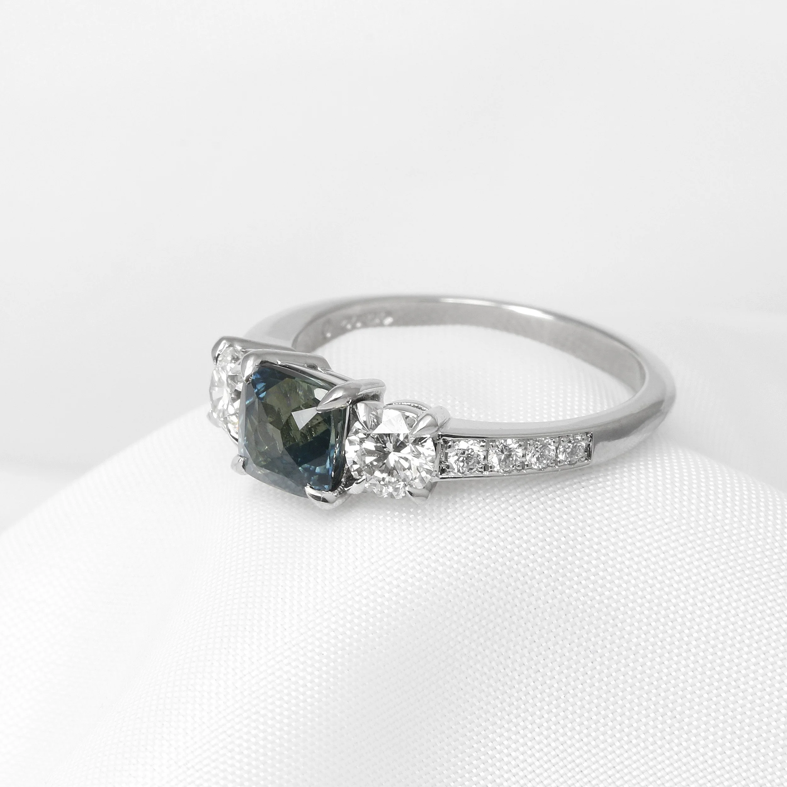 Teal Sapphire and Diamond Ring in Platinum