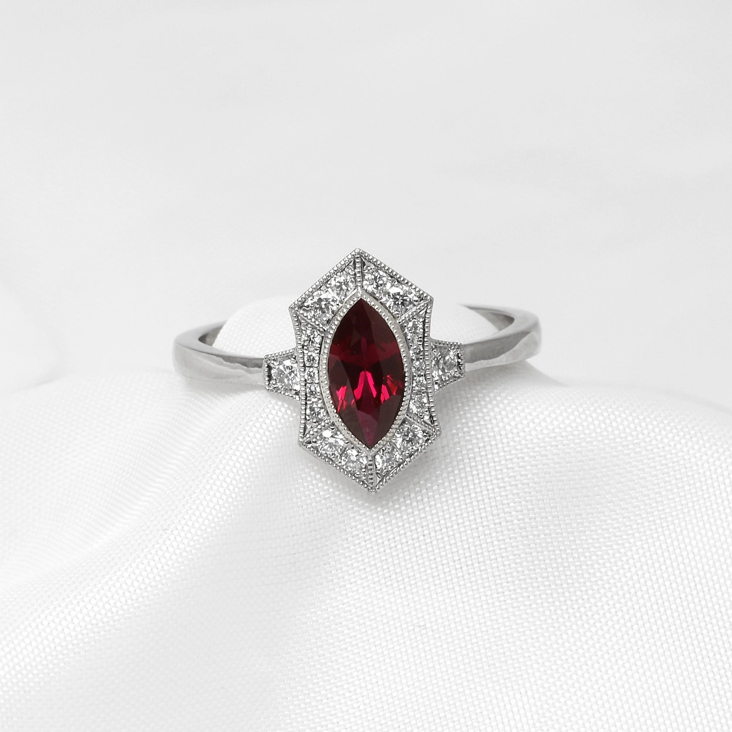 Marquise Ruby and Diamond Cluster Ring in Platinum