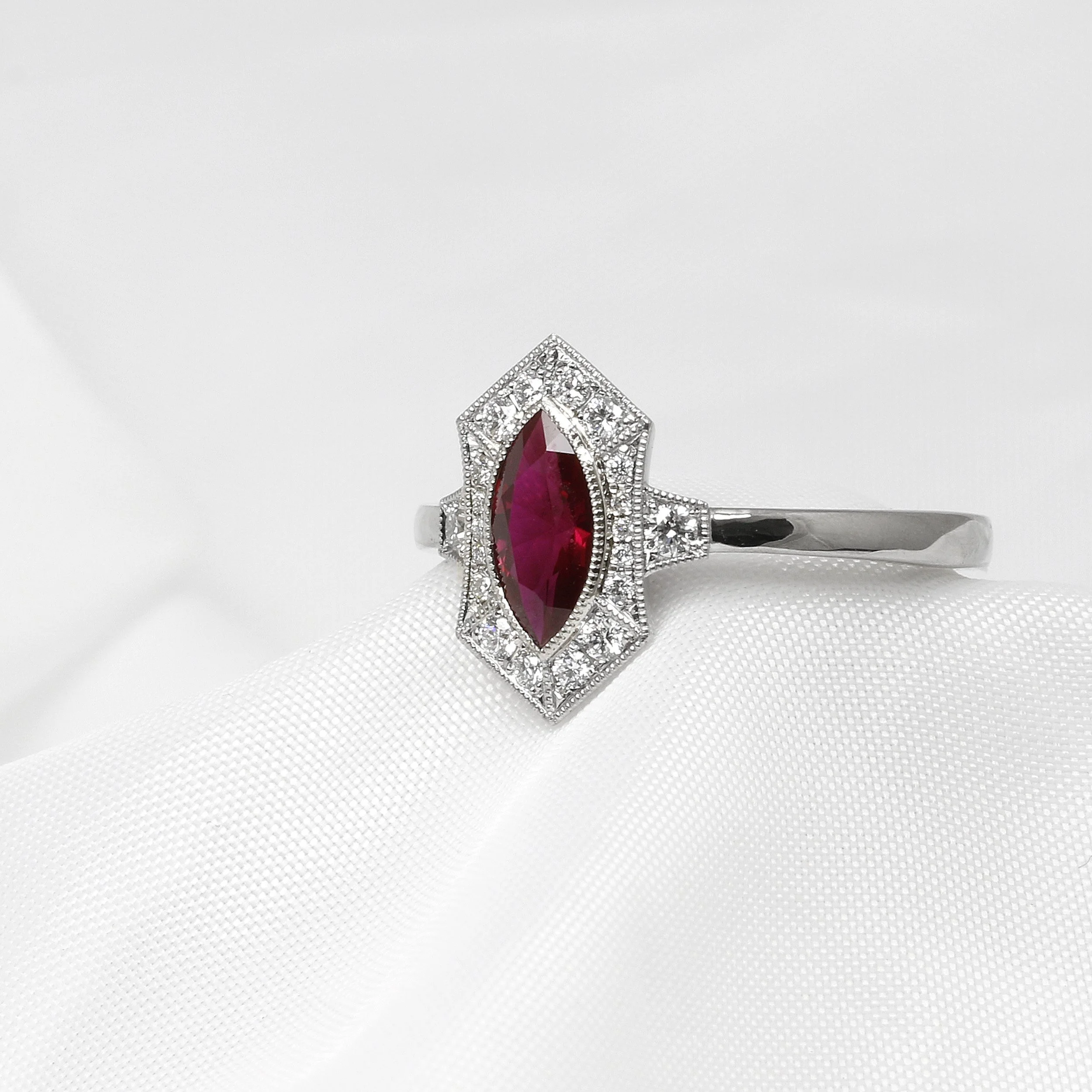 Marquise Ruby and Diamond Cluster Ring in Platinum