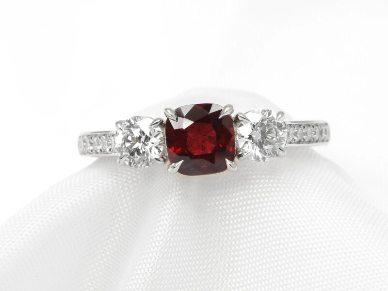 Ruby and Diamond Three Stone Ring in Platinum 
