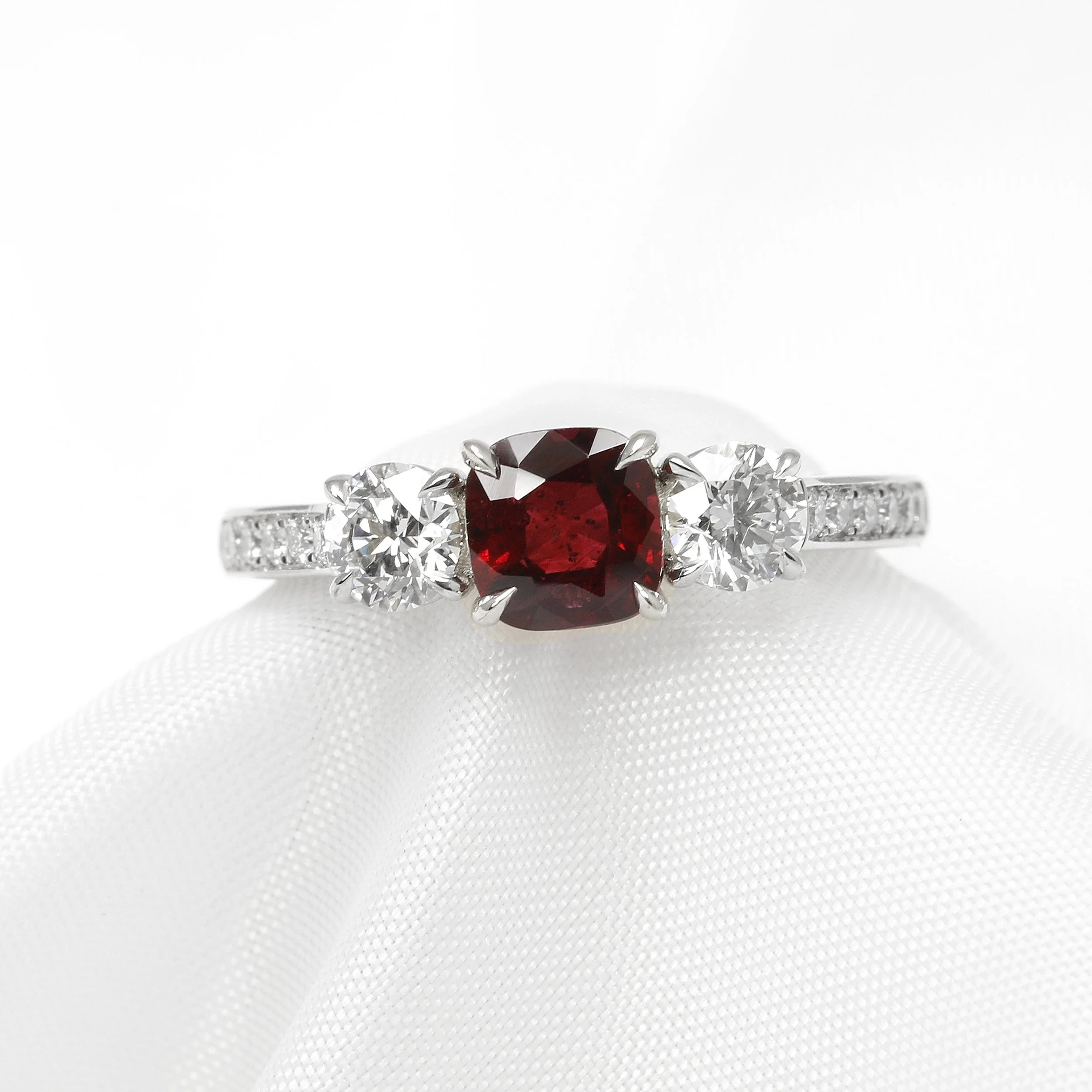 Ruby and Diamond Three Stone Ring in Platinum
