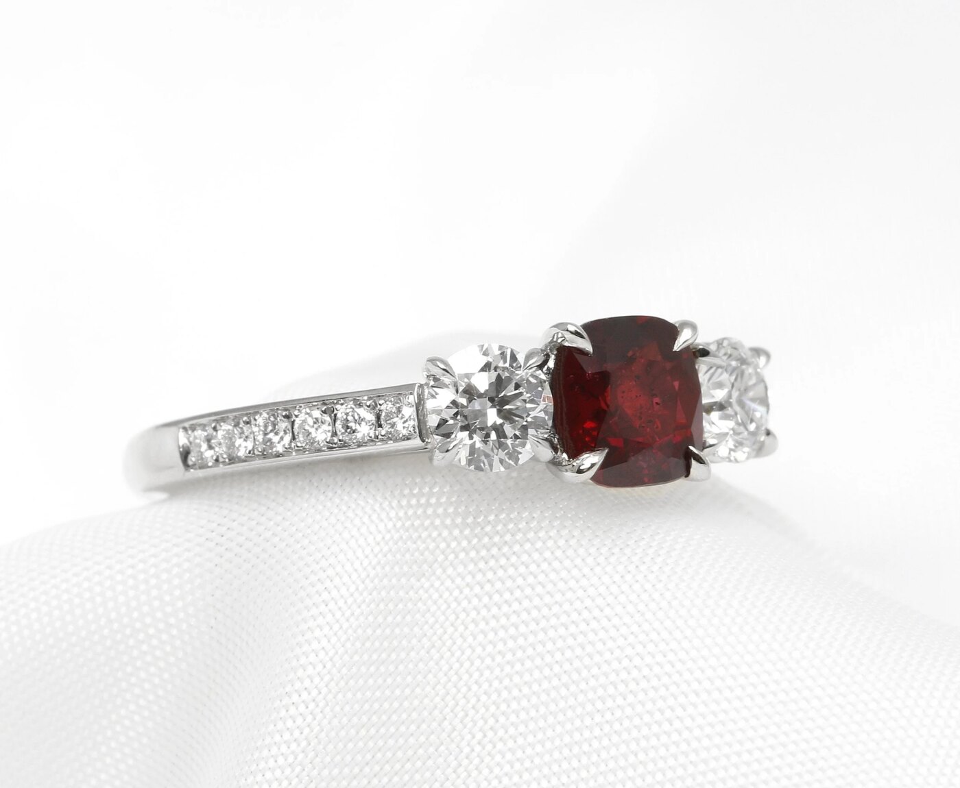 Ruby and Diamond Three Stone Ring in Platinum 