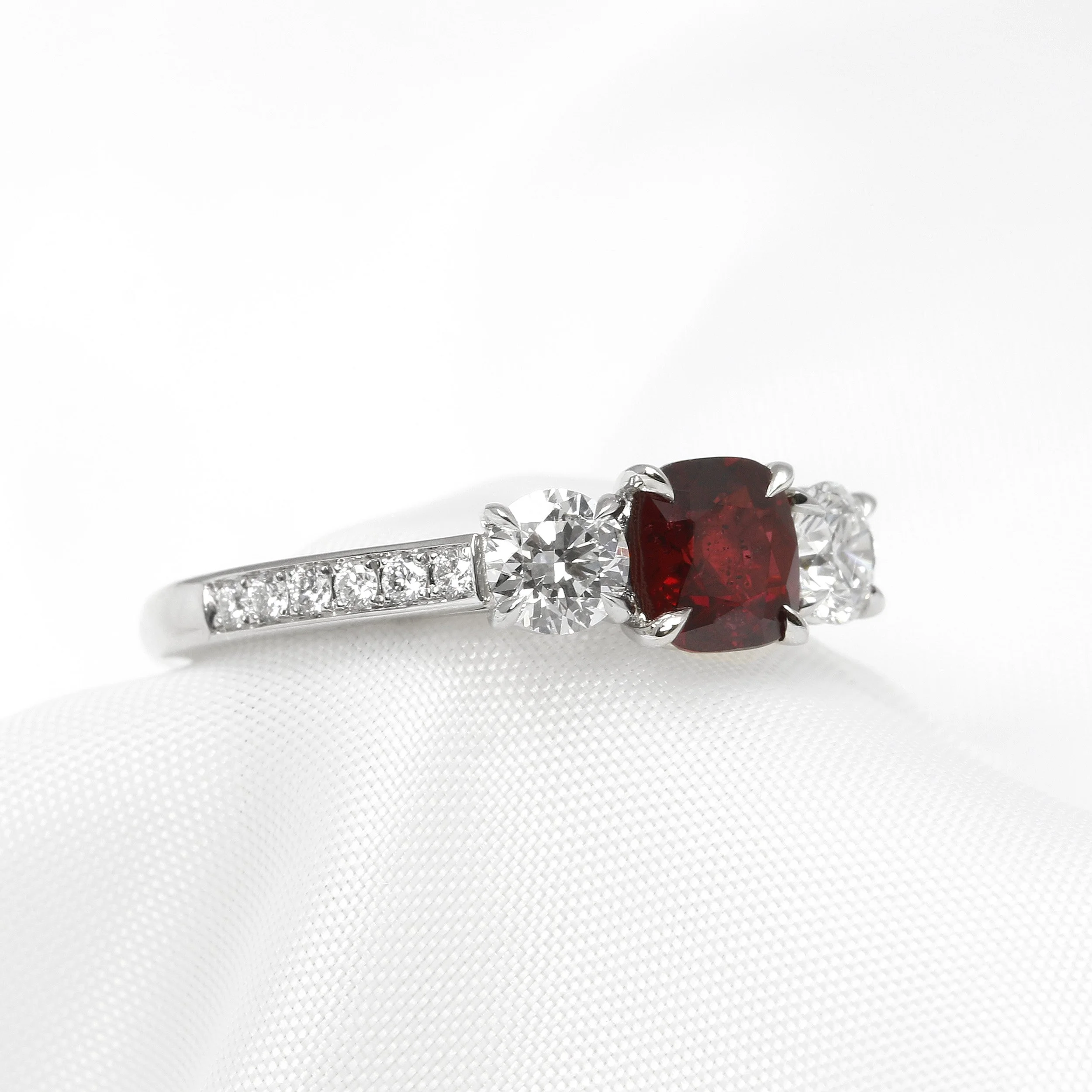 Ruby and Diamond Three Stone Ring in Platinum