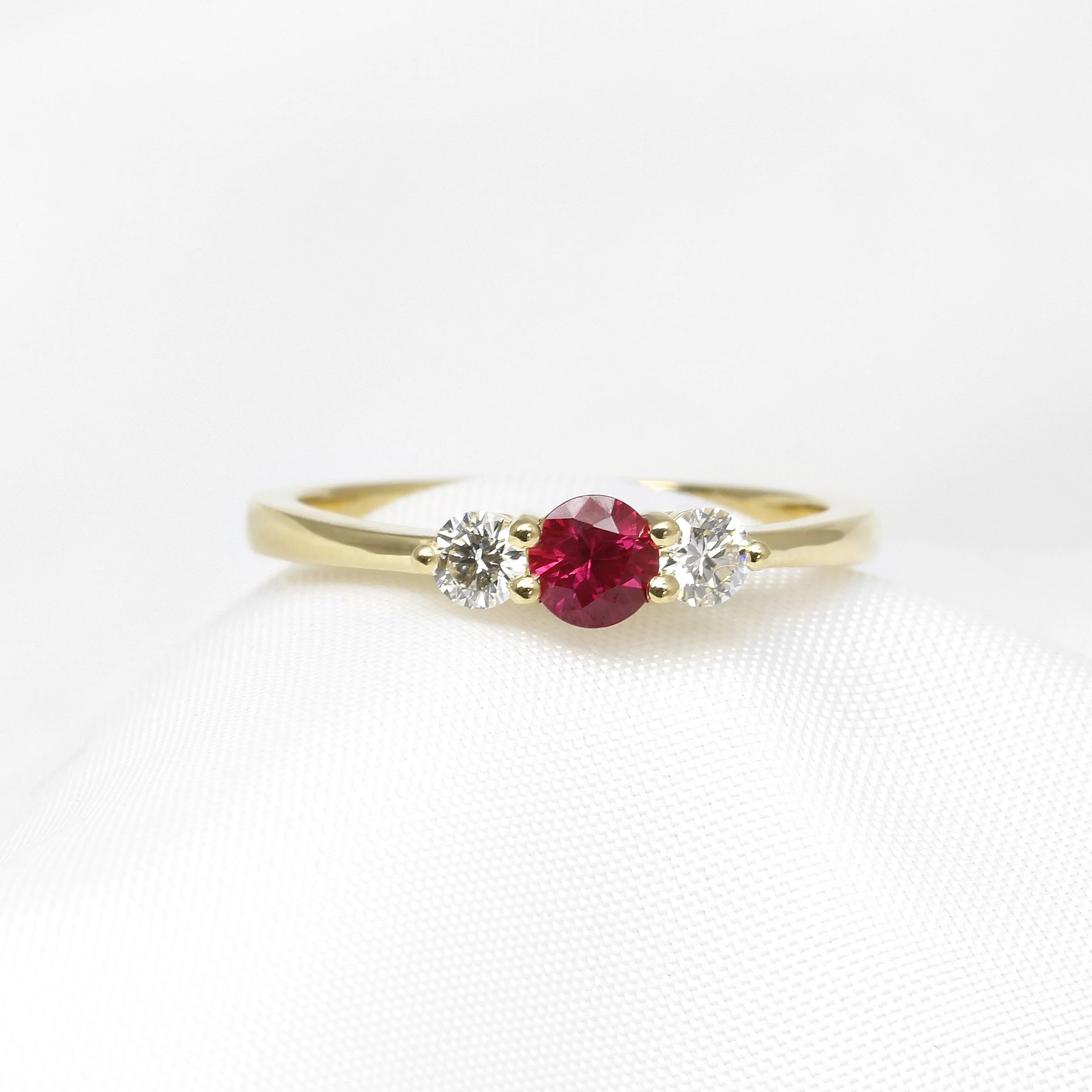 Ruby and Diamond Three Stone Ring in 18ct Yellow Gold