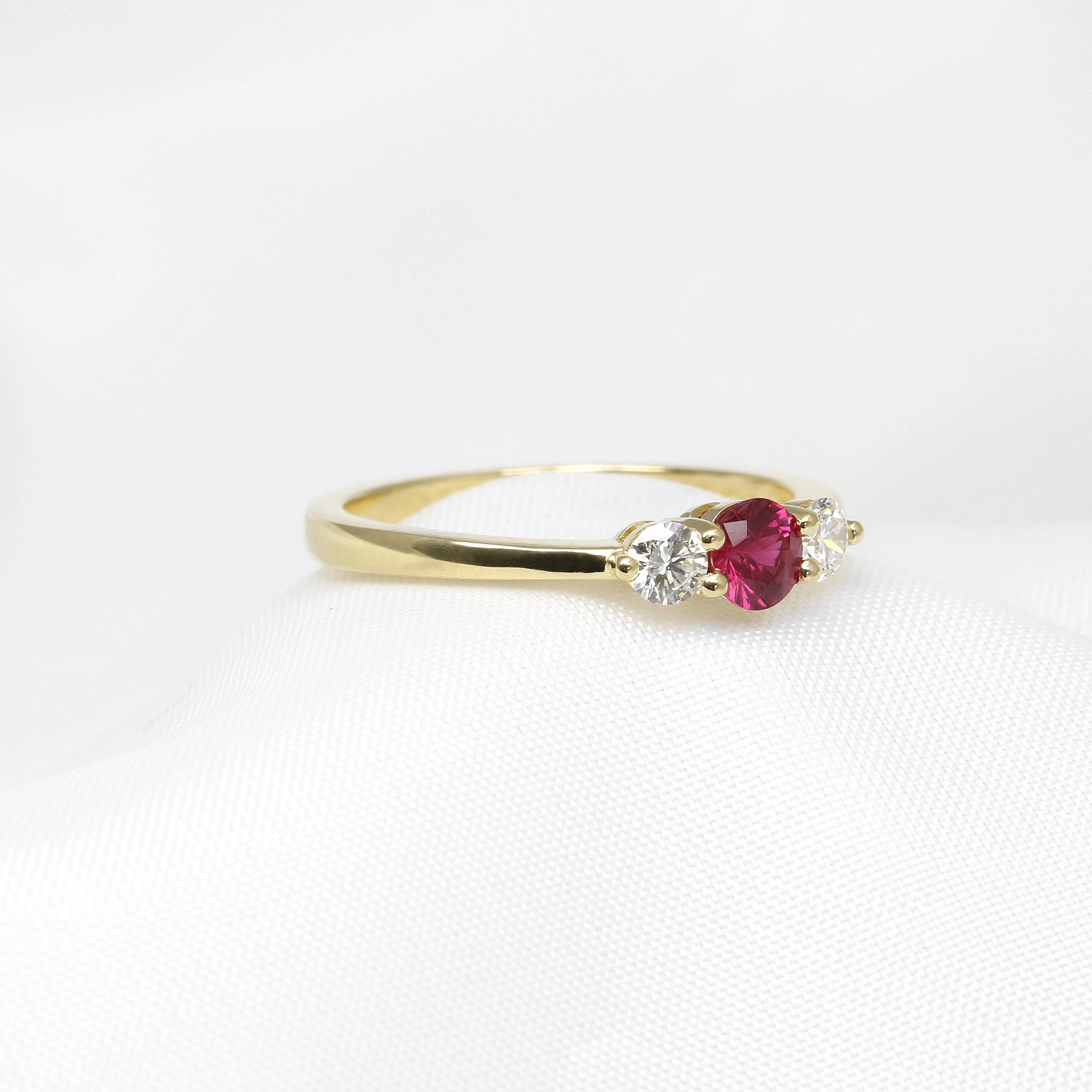 Ruby and Diamond Three Stone Ring in 18ct Yellow Gold