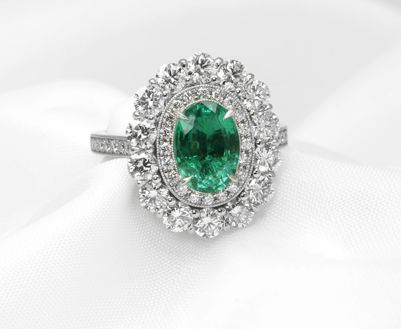 Emerald (1.50 ct) and Diamond Double Halo Ring in Platinum 