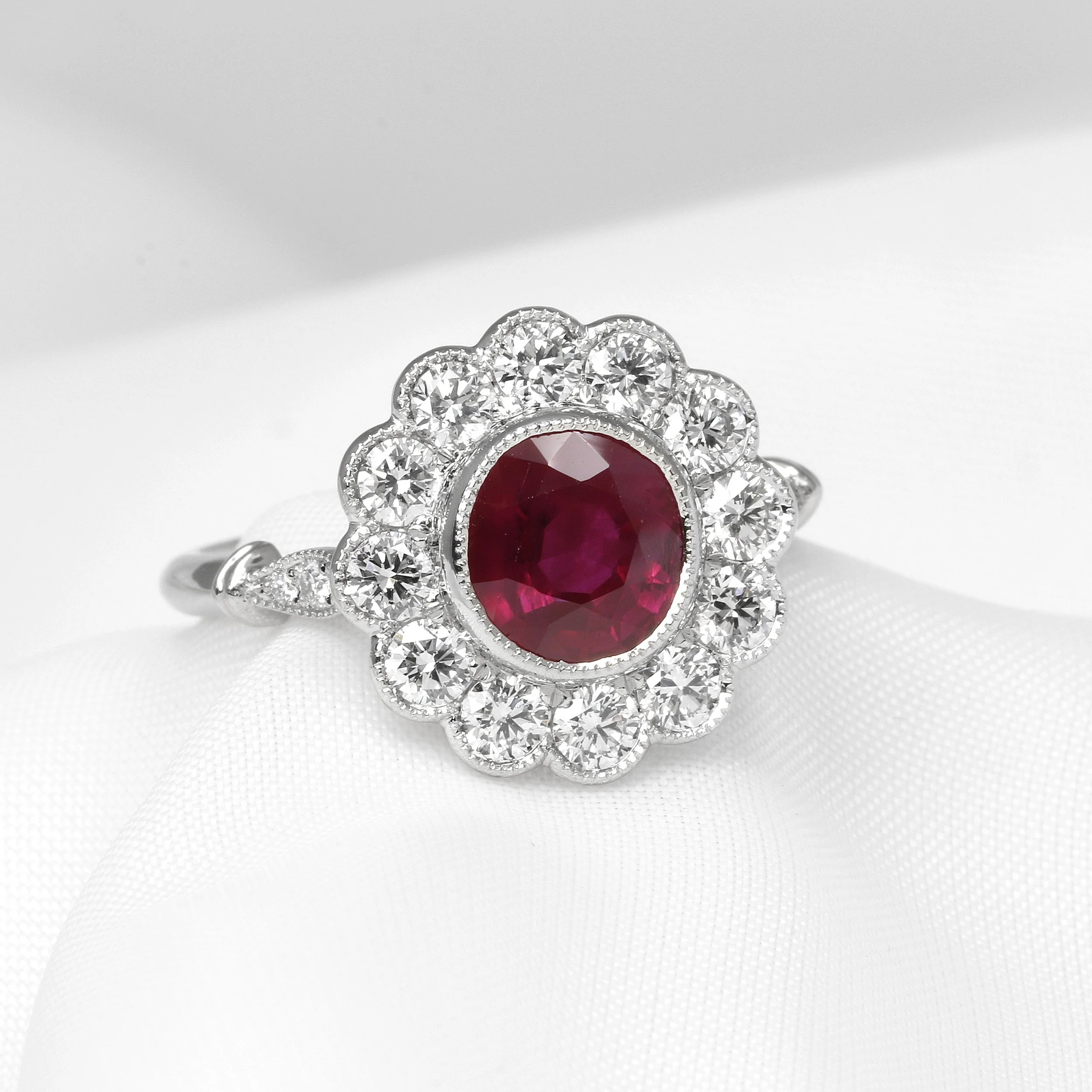 Ruby and Diamond Daisy Cluster Ring in Platinum