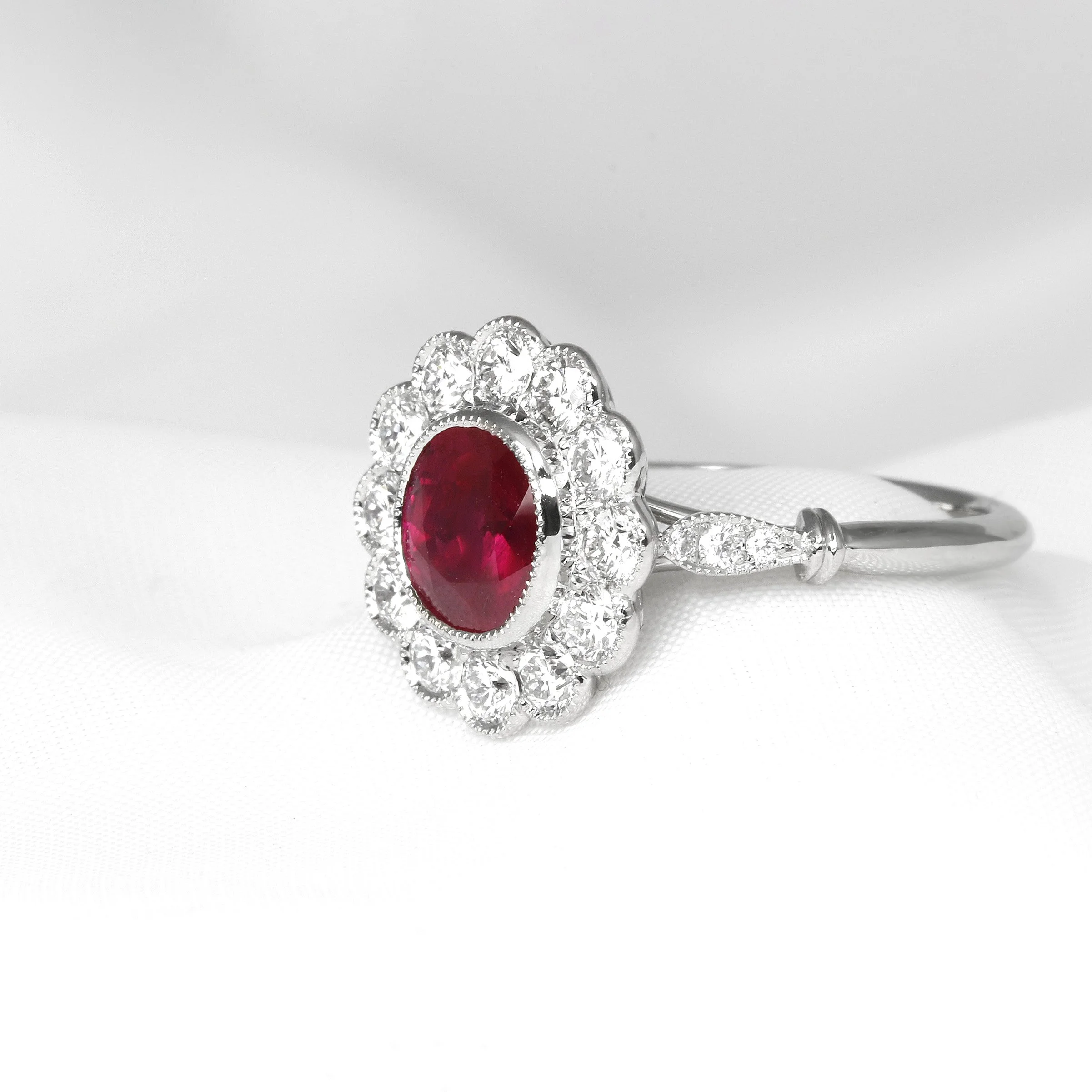 Ruby and Diamond Daisy Cluster Ring in Platinum