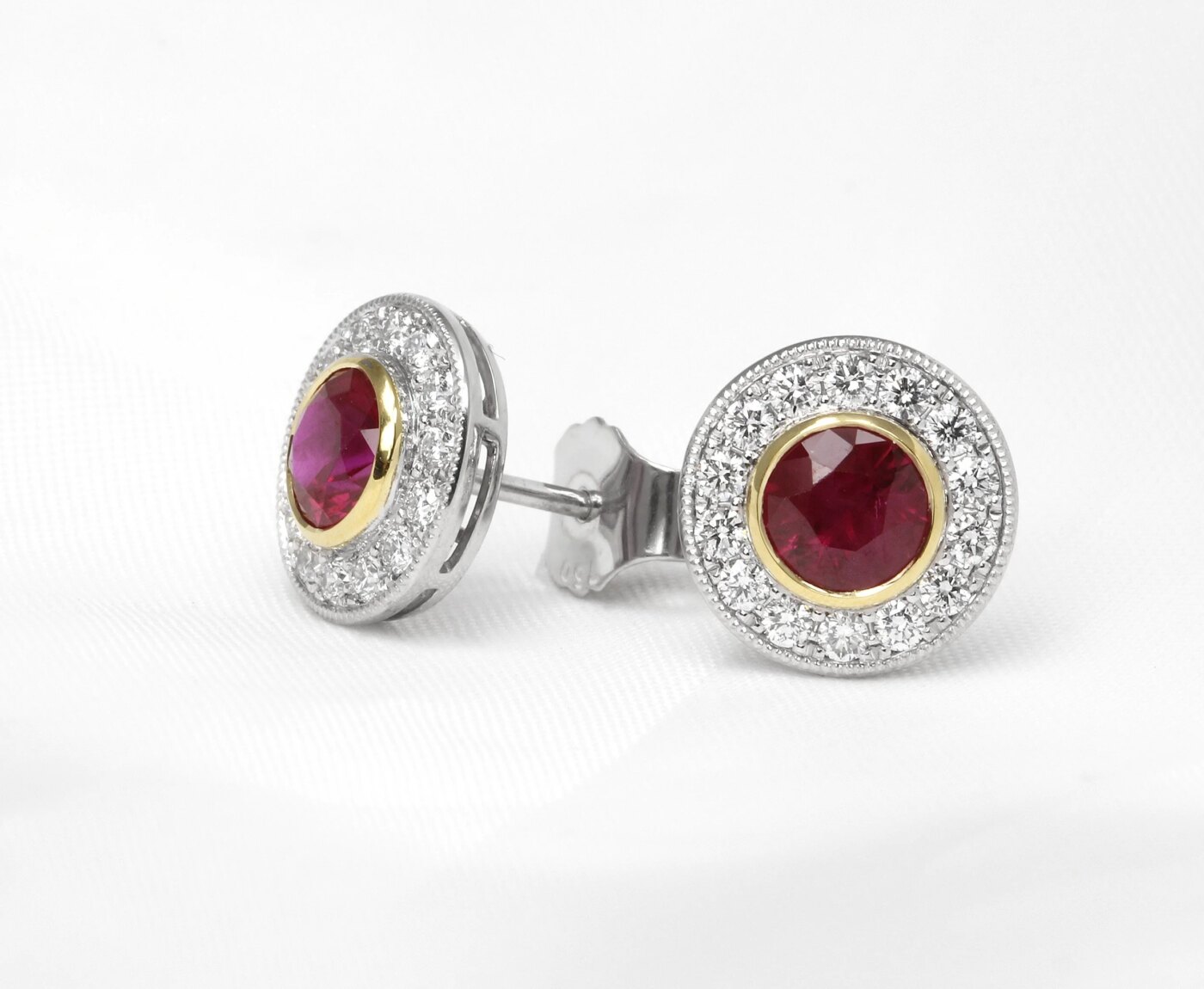 Ruby and Diamond Halo Stud Earrings in White and Yellow Gold 