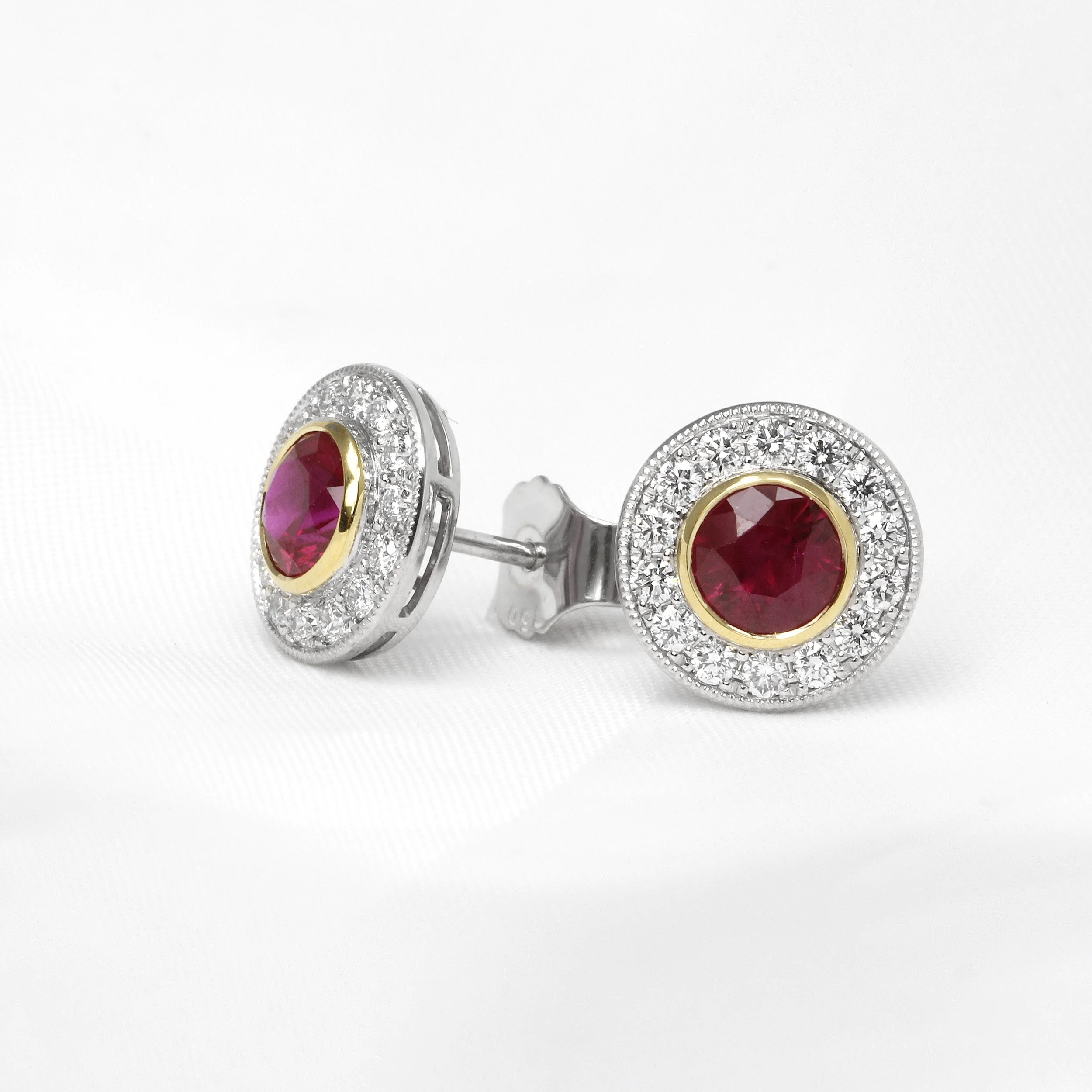 Ruby and Diamond Halo Stud Earrings in White and Yellow Gold