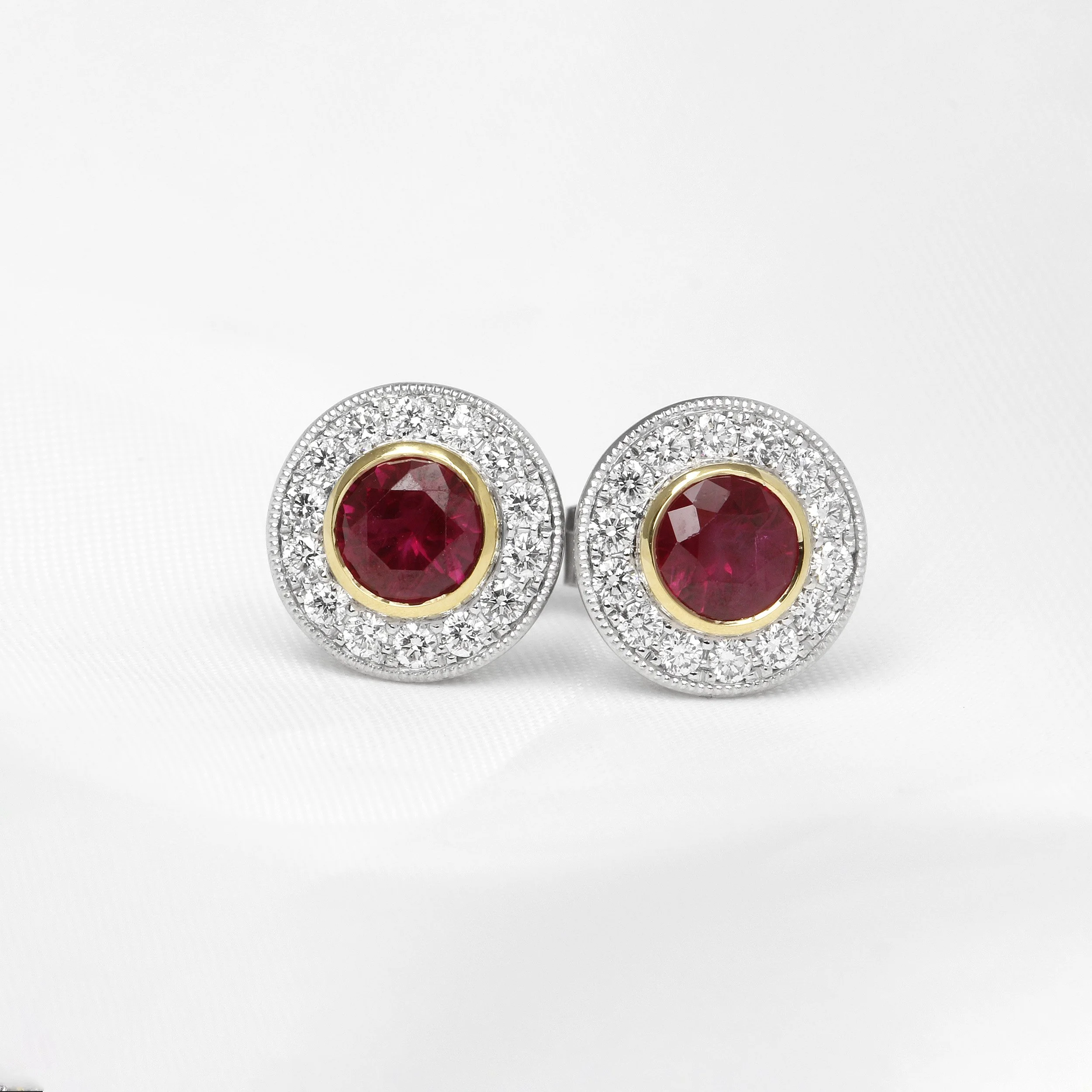 Ruby and Diamond Halo Stud Earrings in White and Yellow Gold