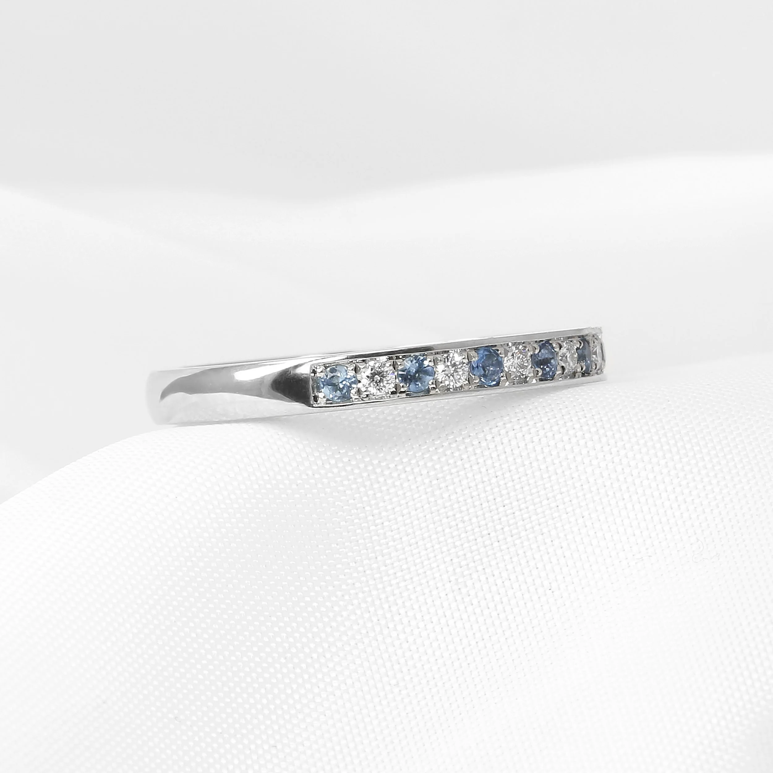 Aquamarine and Diamond Eternity Ring in Platinum