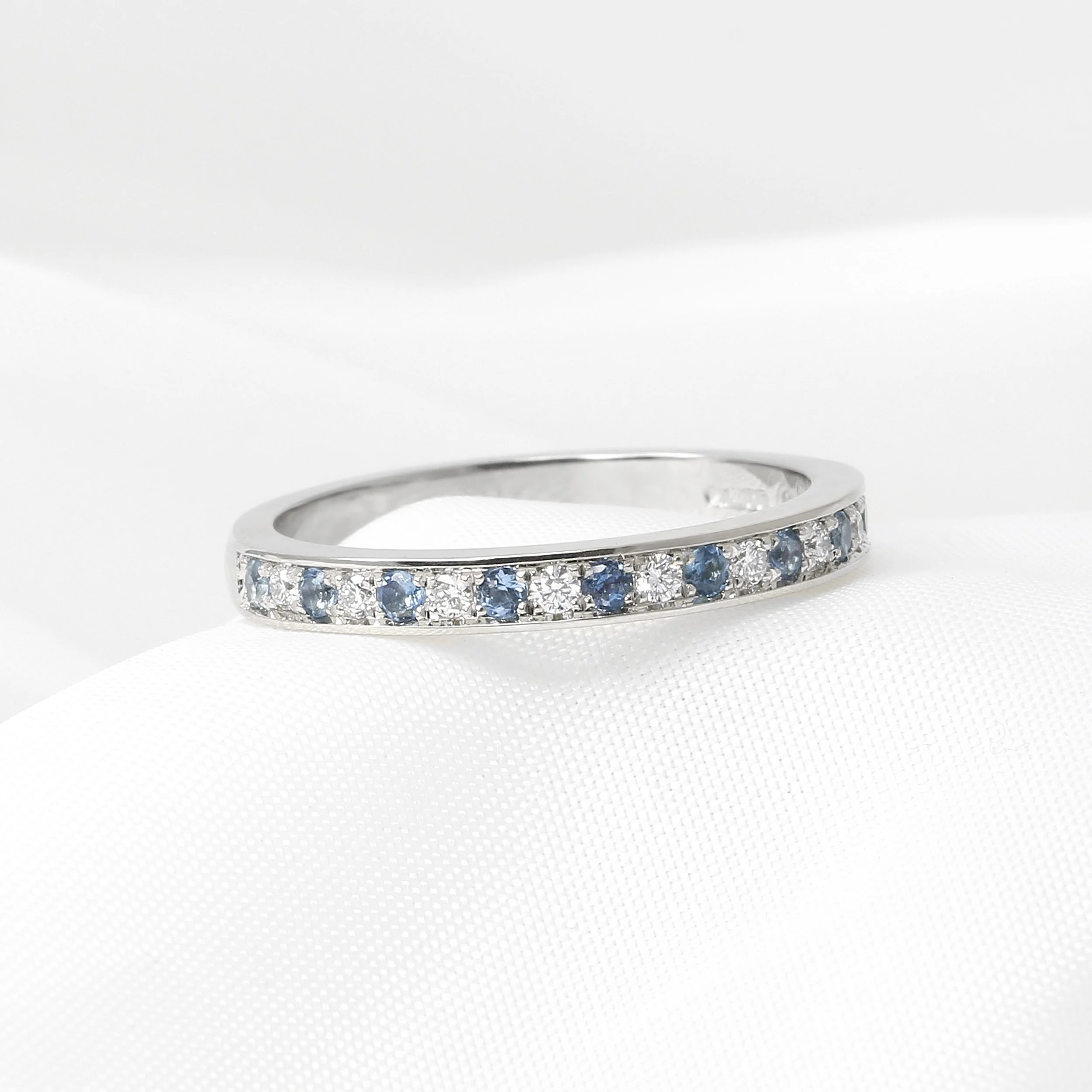 Aquamarine and Diamond Eternity Ring in Platinum