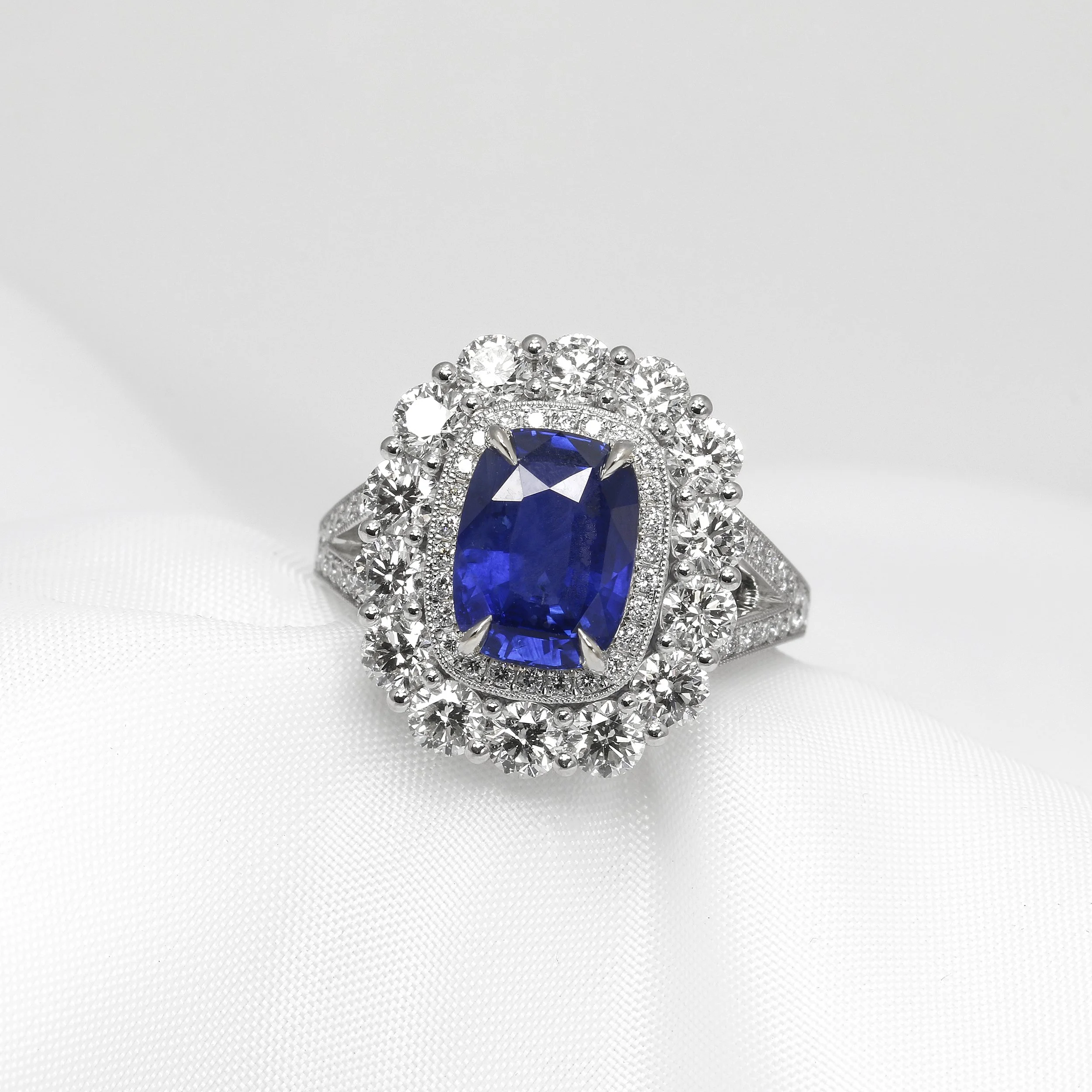 Sapphire and Diamond Double Halo Ring in Platinum