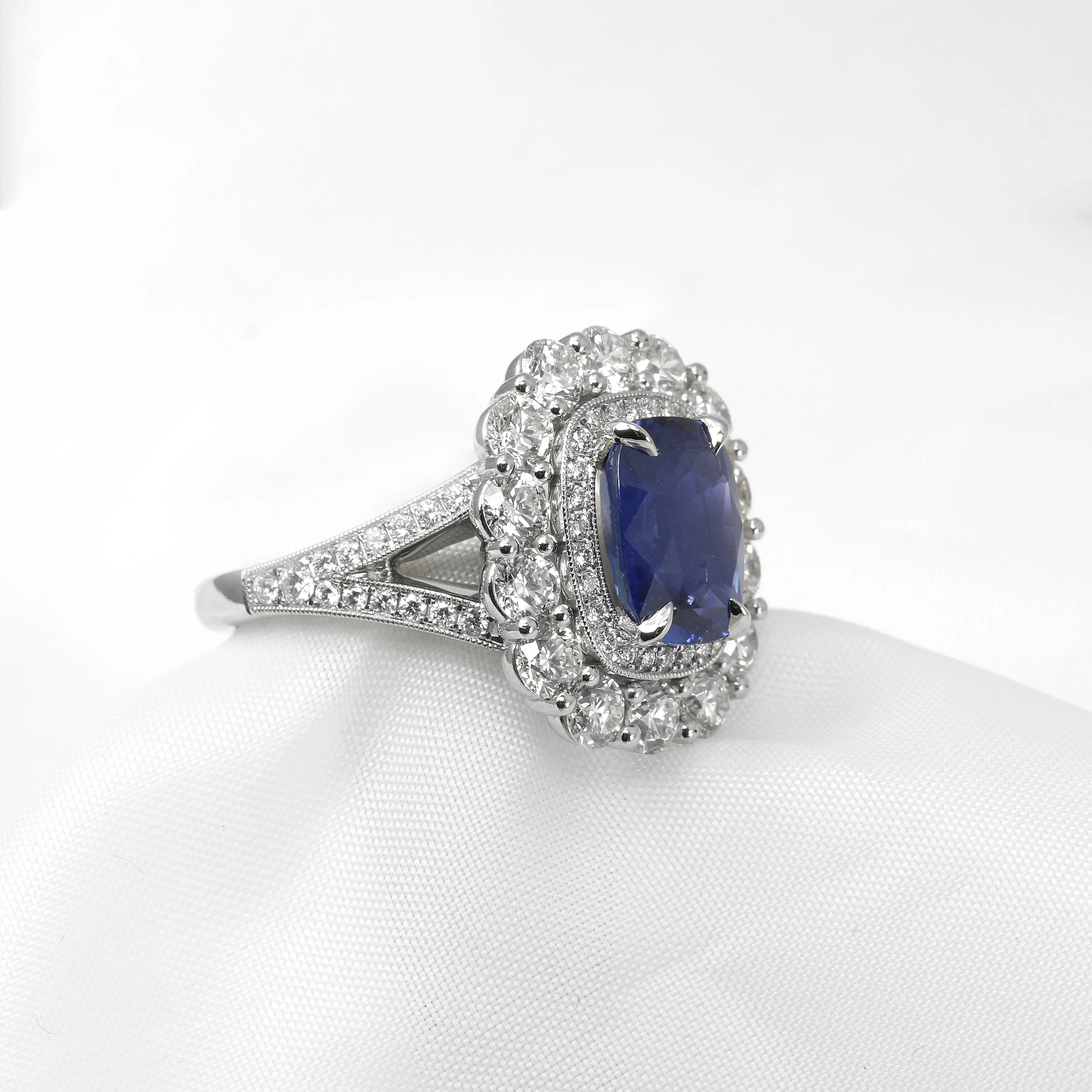 Sapphire and Diamond Double Halo Ring in Platinum