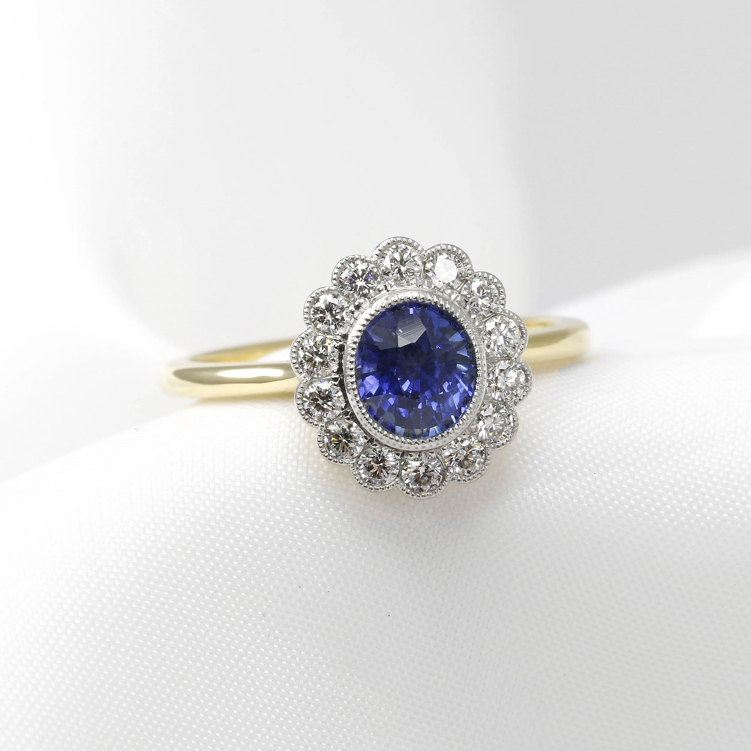 Sapphire and Diamond Cluster Ring in Platinum and 18ct Yellow Gold