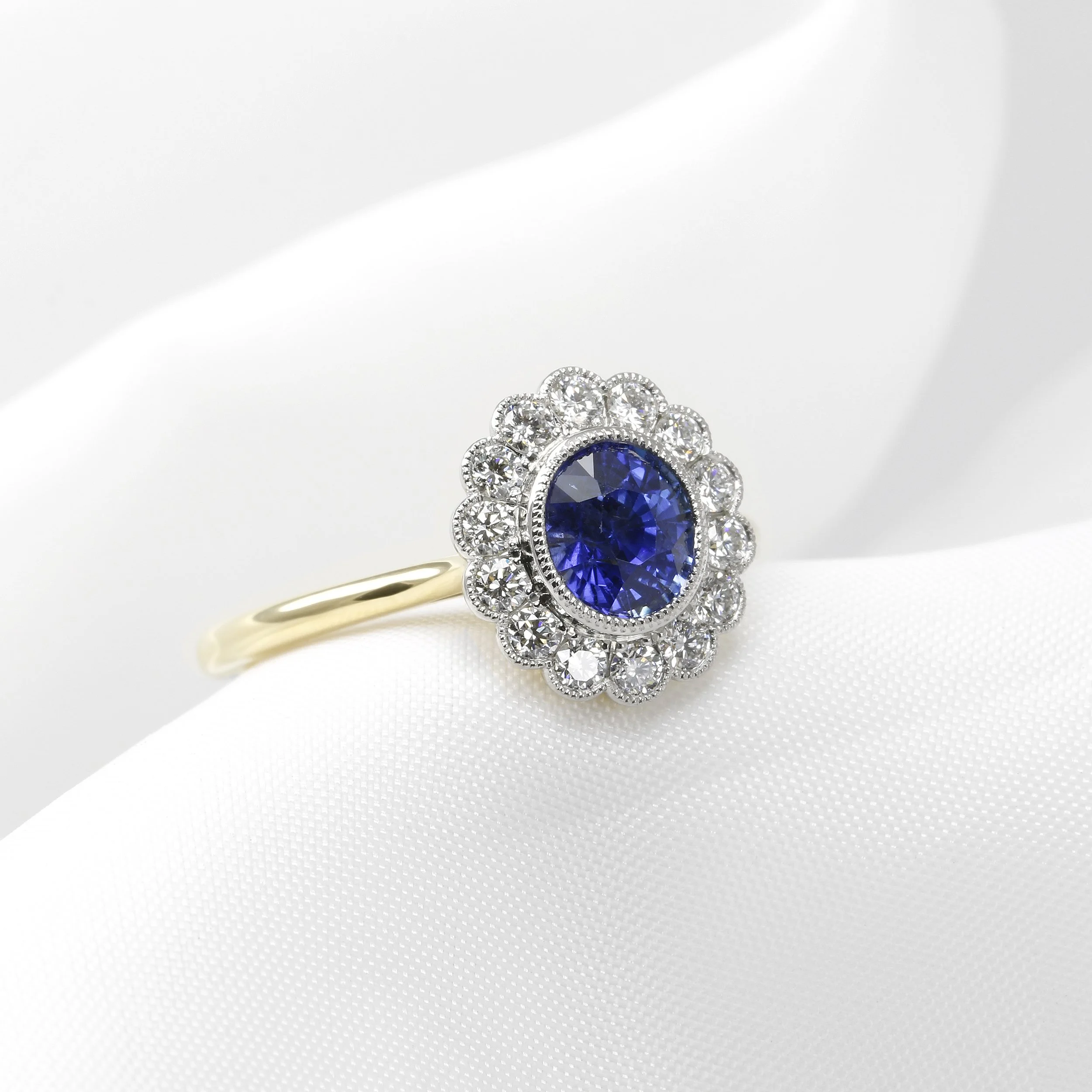 Sapphire and Diamond Cluster Ring in Platinum and 18ct Yellow Gold