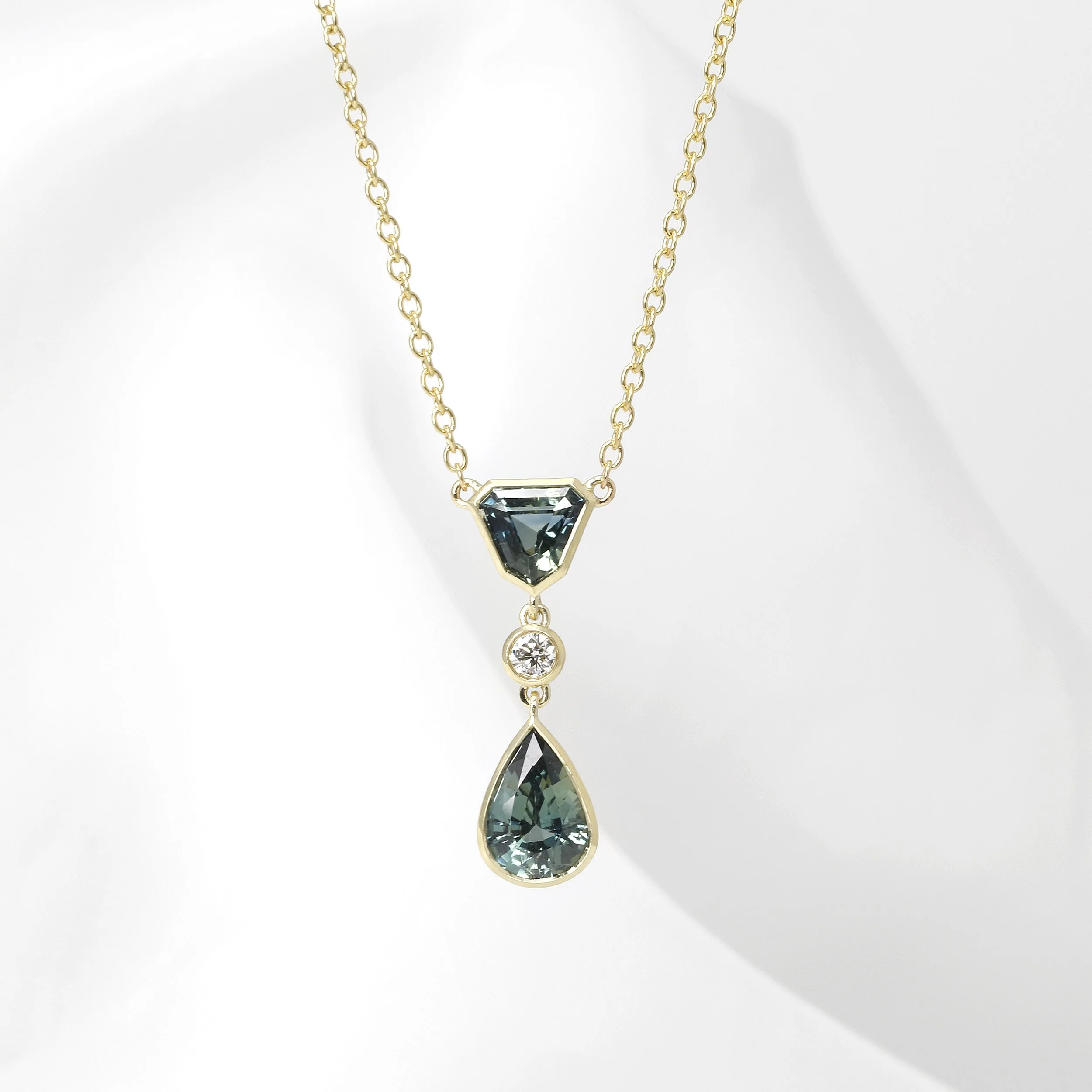 Green Sapphire and Diamond Necklace in 9ct Yellow Gold