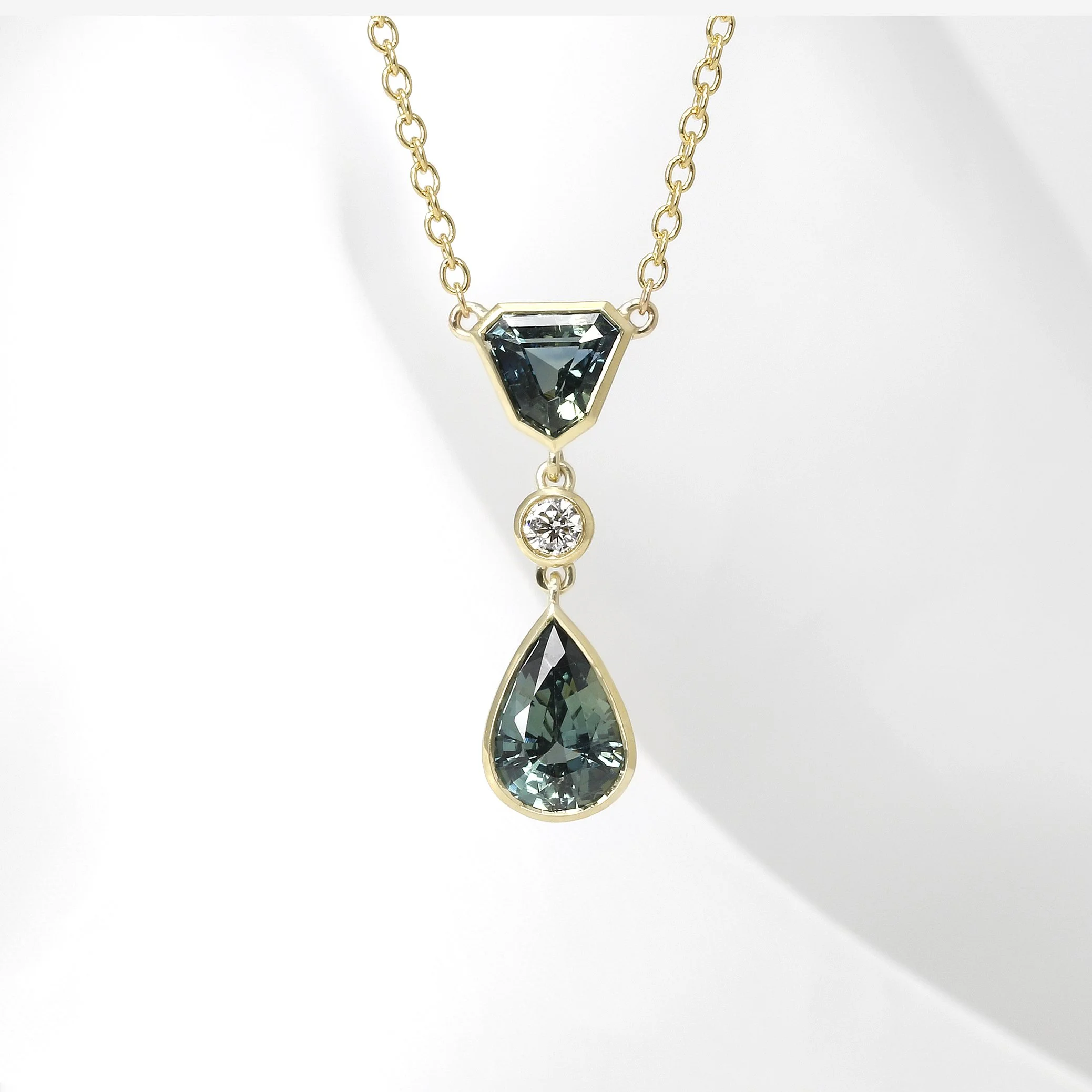 Green Sapphire and Diamond Necklace in 9ct Yellow Gold