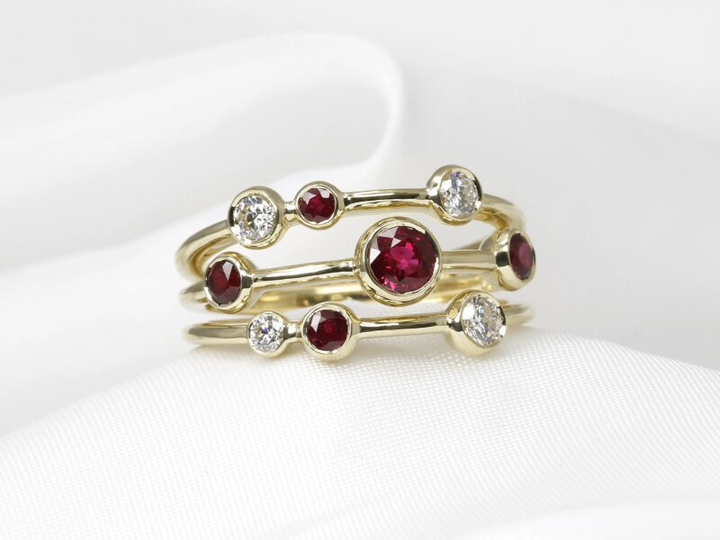 Ruby and Diamond Multi-Band Ring in Yellow Gold