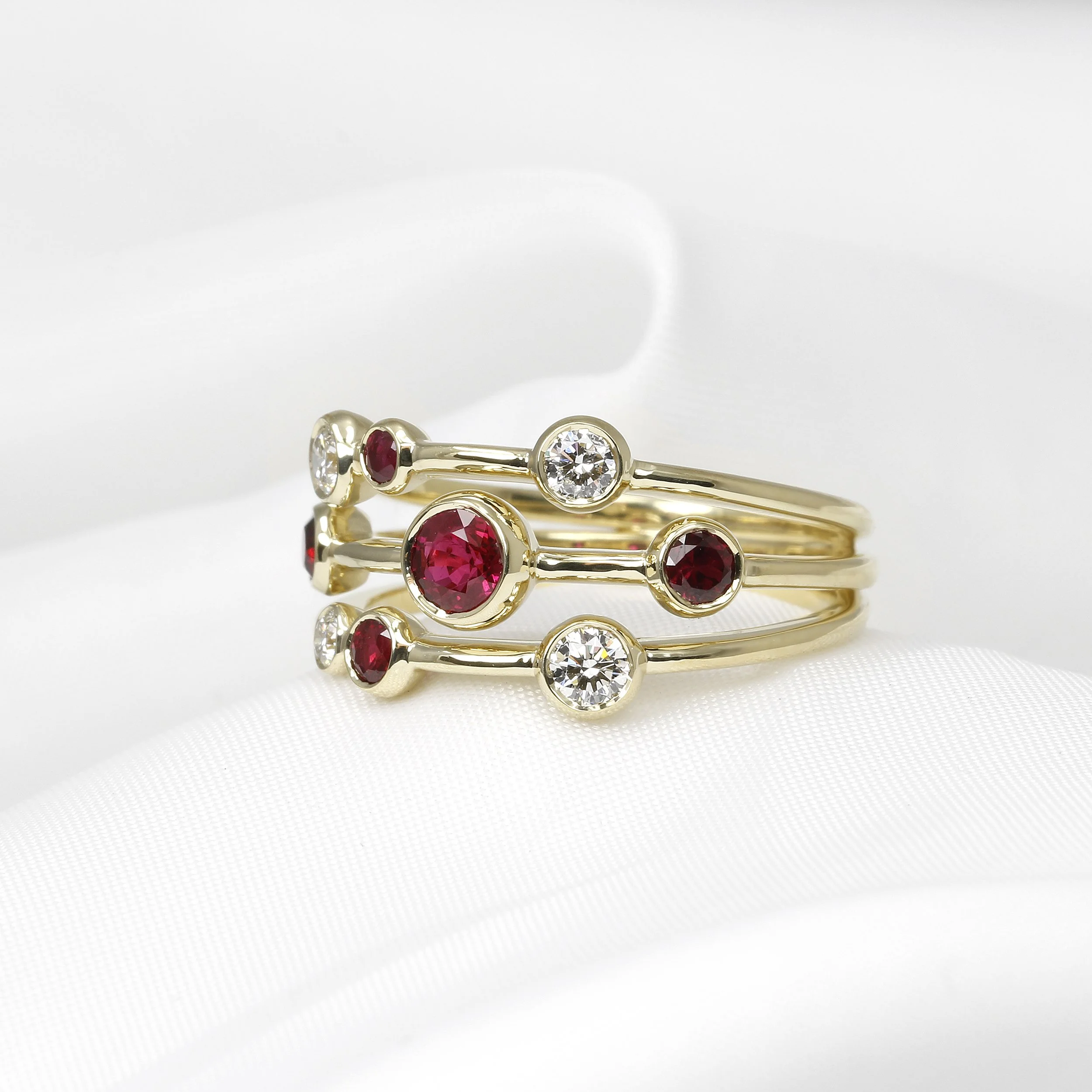 Ruby and Diamond Multi-Band Ring in Yellow Gold