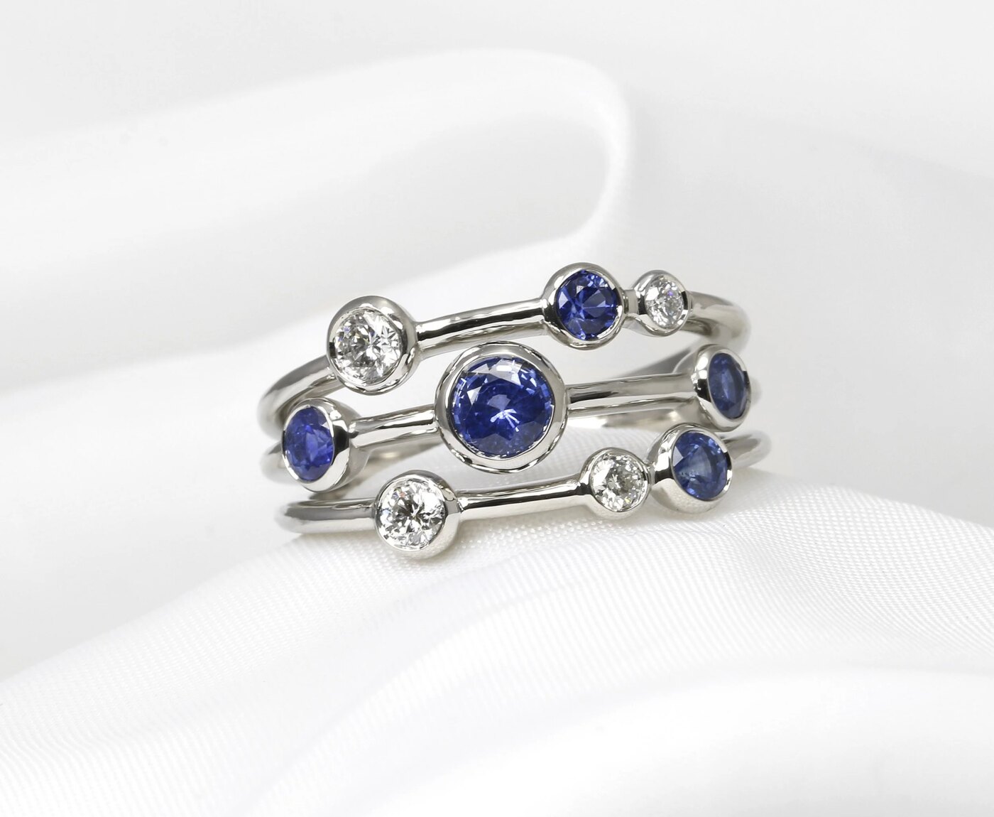 Sapphire and Diamond Multi-Band Ring in Platinum 