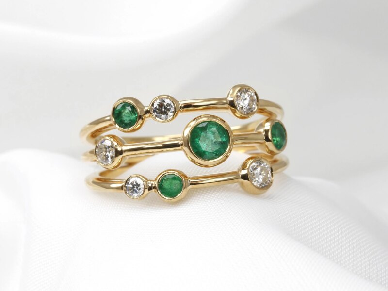 Emerald and Diamond Multi-Band Ring in Yellow Gold