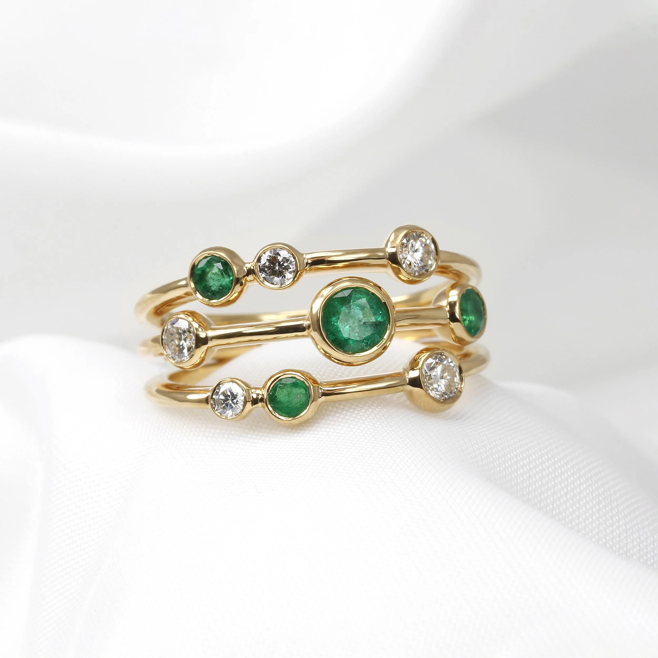 Emerald and Diamond Multi-Band Ring in Yellow Gold