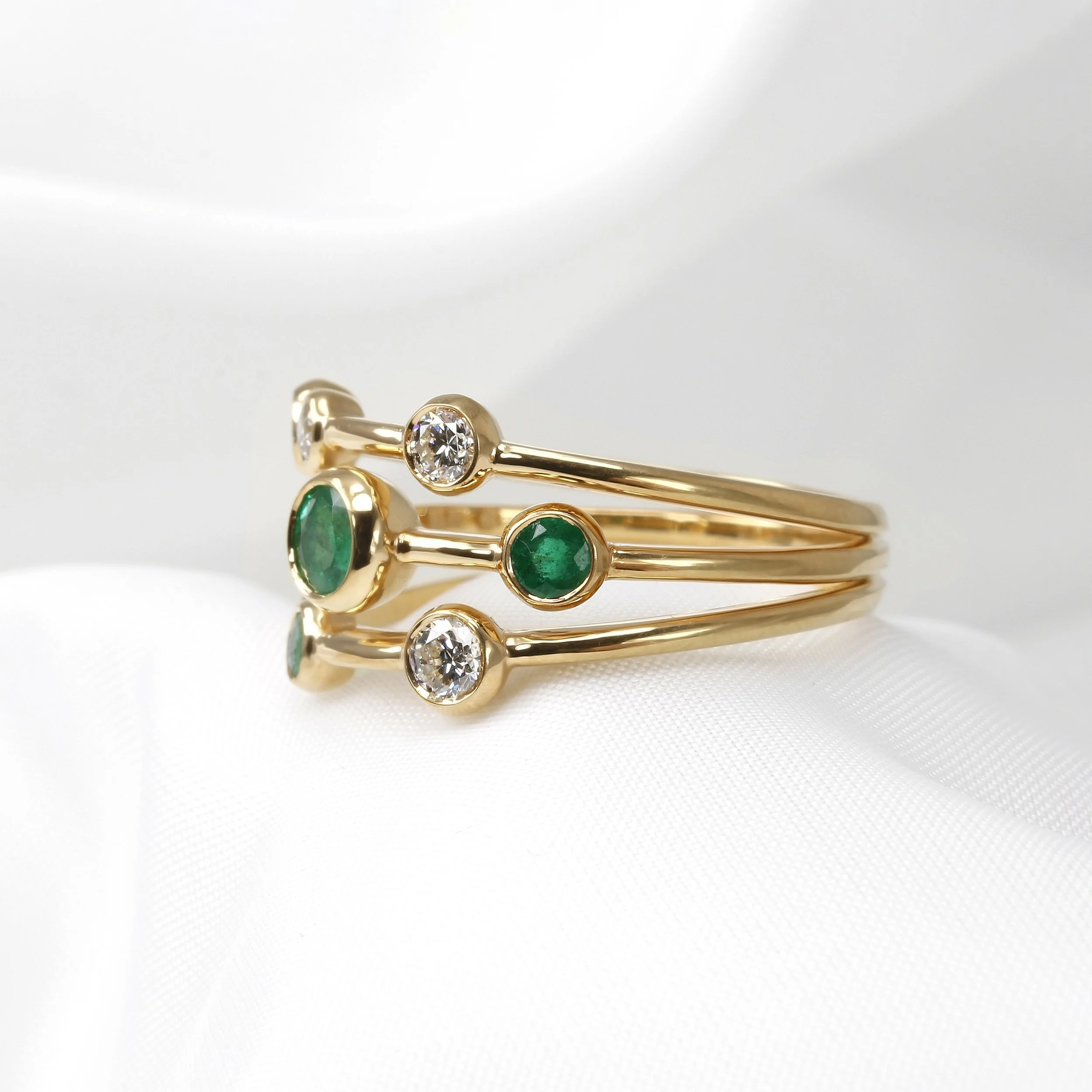 Emerald and Diamond Multi-Band Ring in Yellow Gold