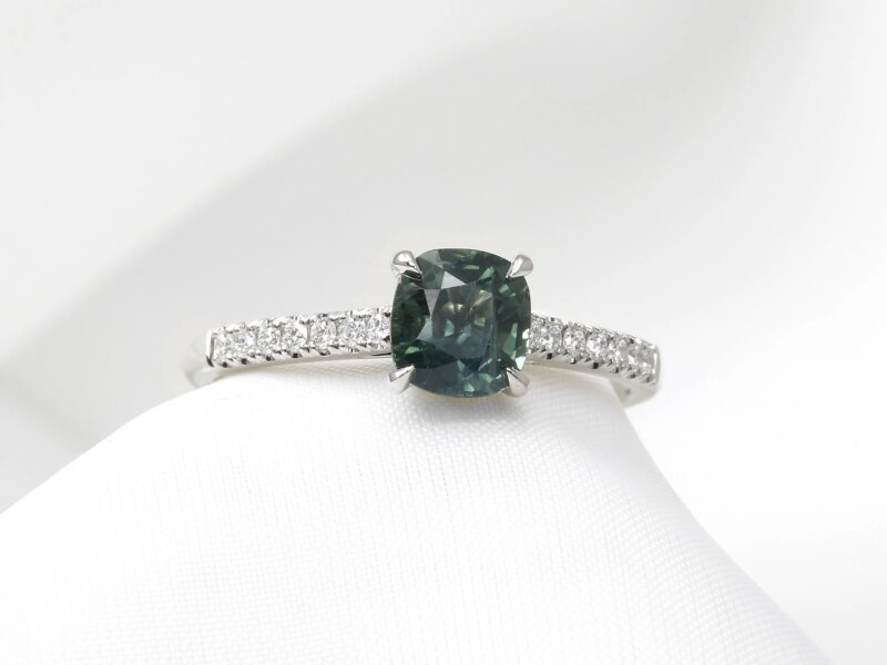 Teal Cushion Sapphire and Diamond Ring in Platinum