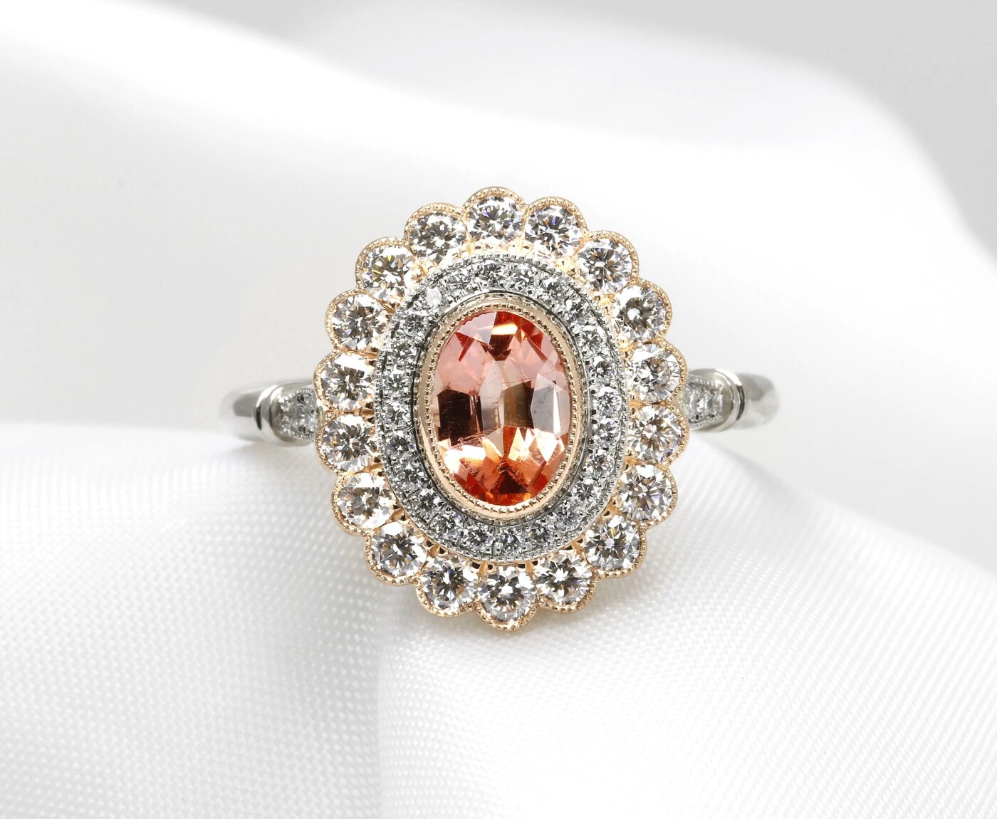 Padparadscha Sapphire and Diamond Cluster Ring