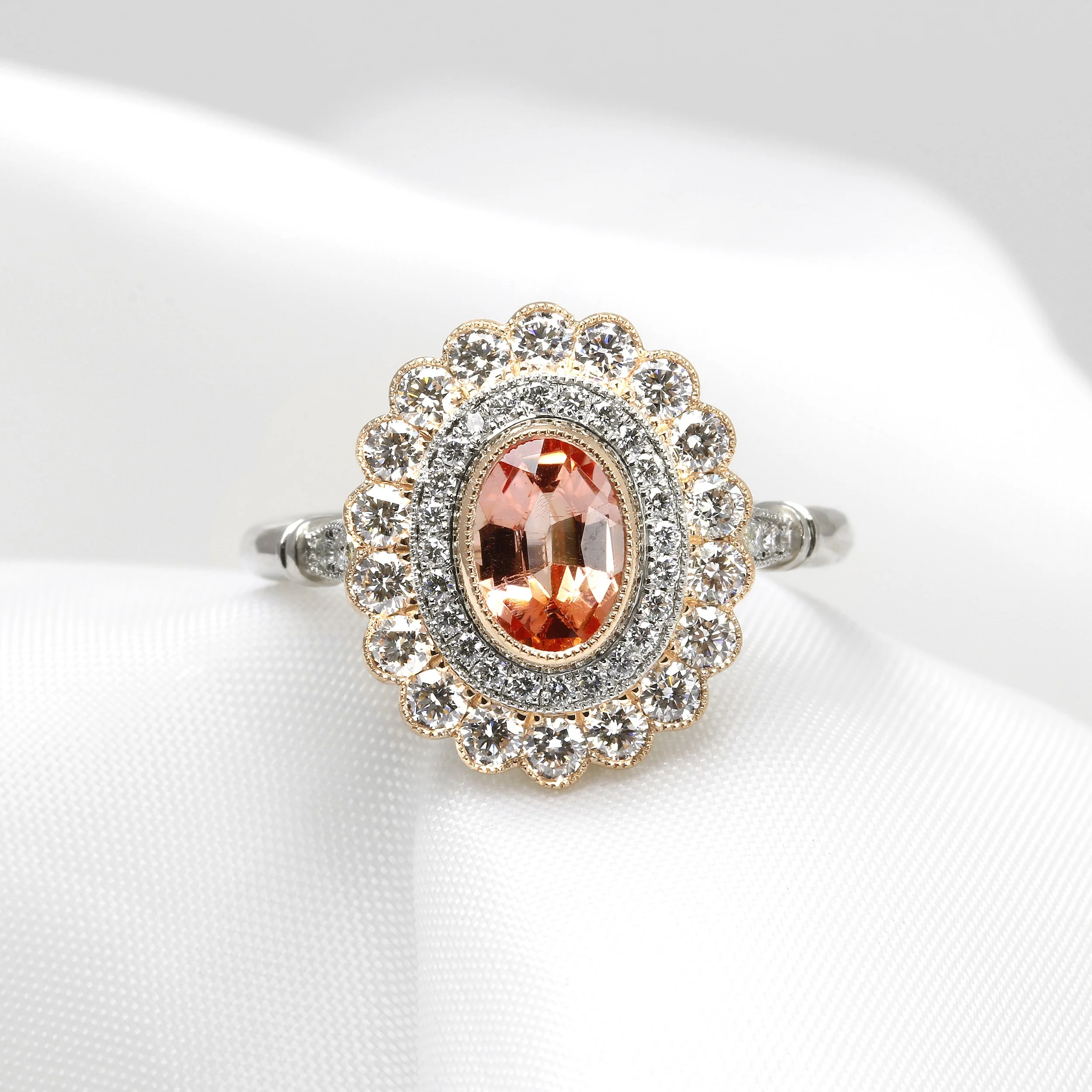 Padparadscha Sapphire and Diamond Cluster Ring