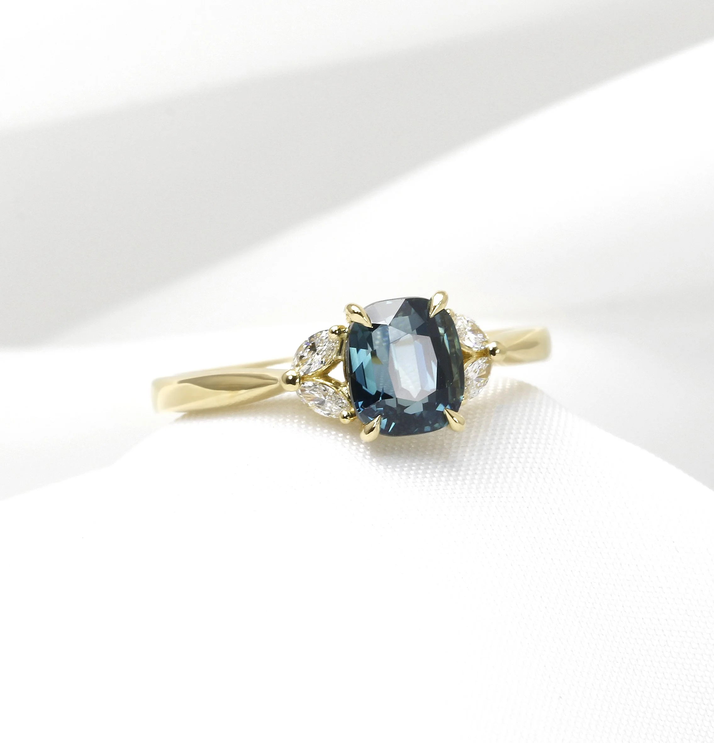 Cushion Teal Sapphire and Diamond Ring Yellow Gold
