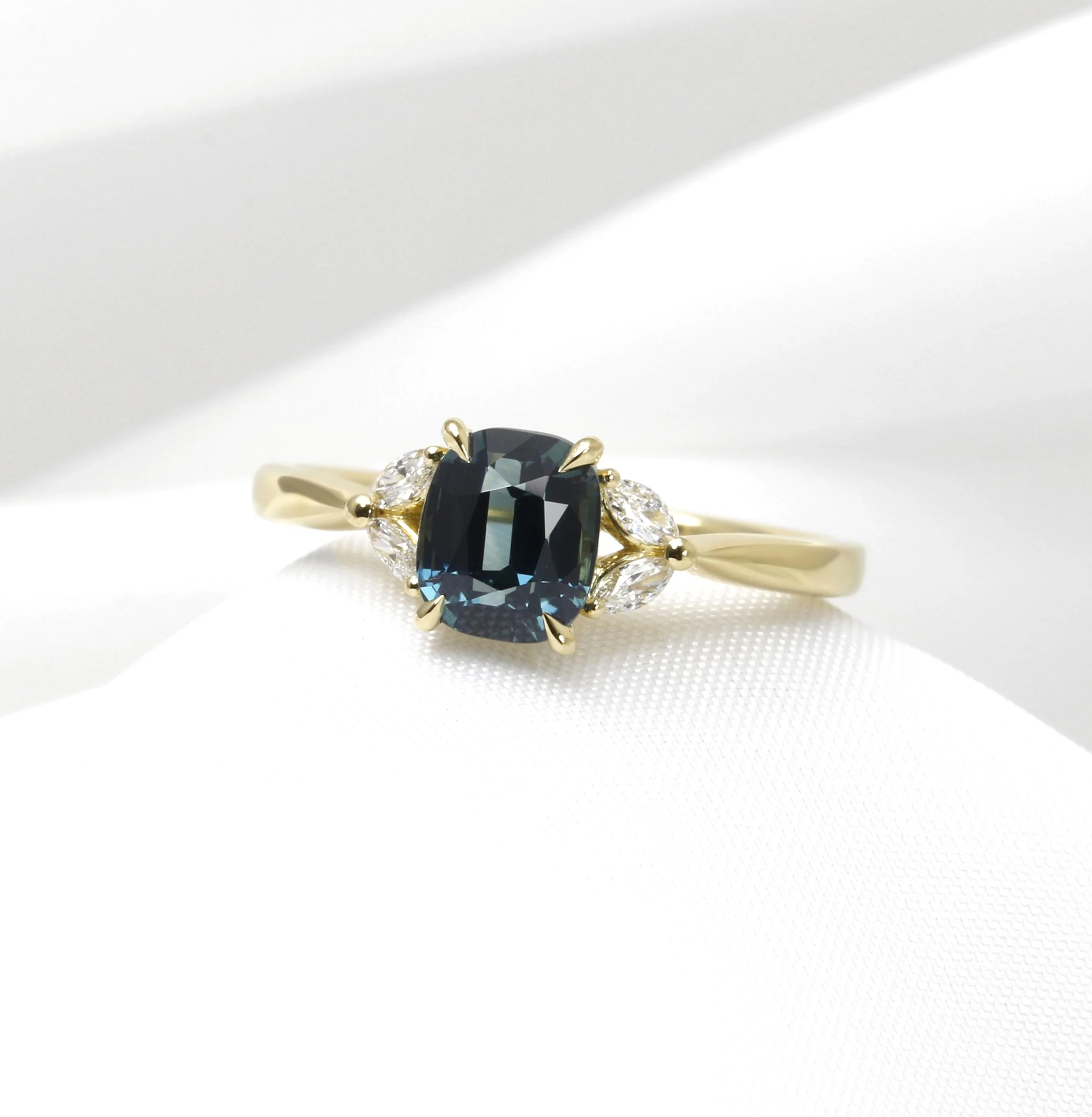 Cushion Teal Sapphire and Diamond Ring Yellow Gold