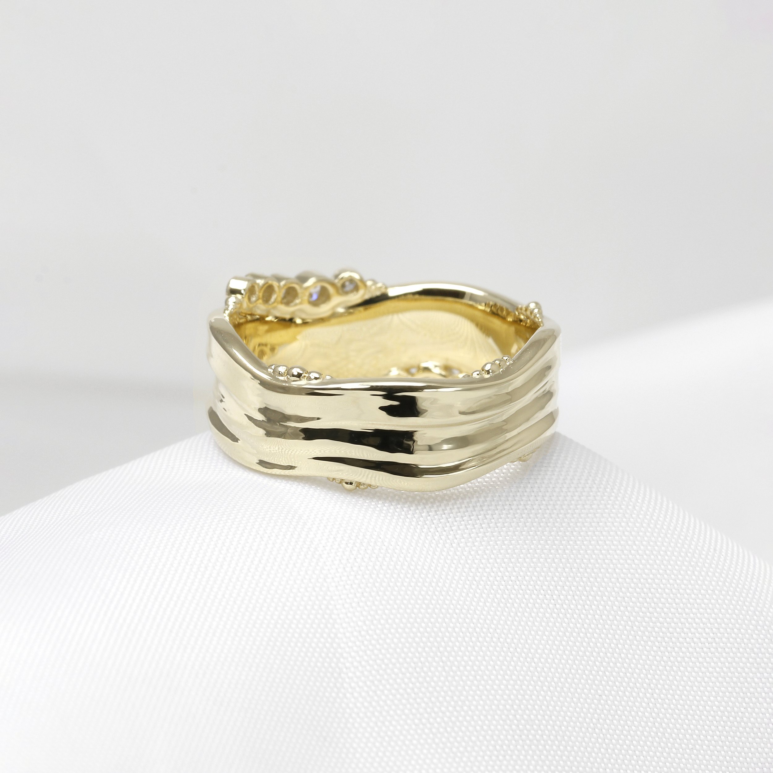 Diamond Set Wide Band ‘Wave’ Ring in Yellow Gold