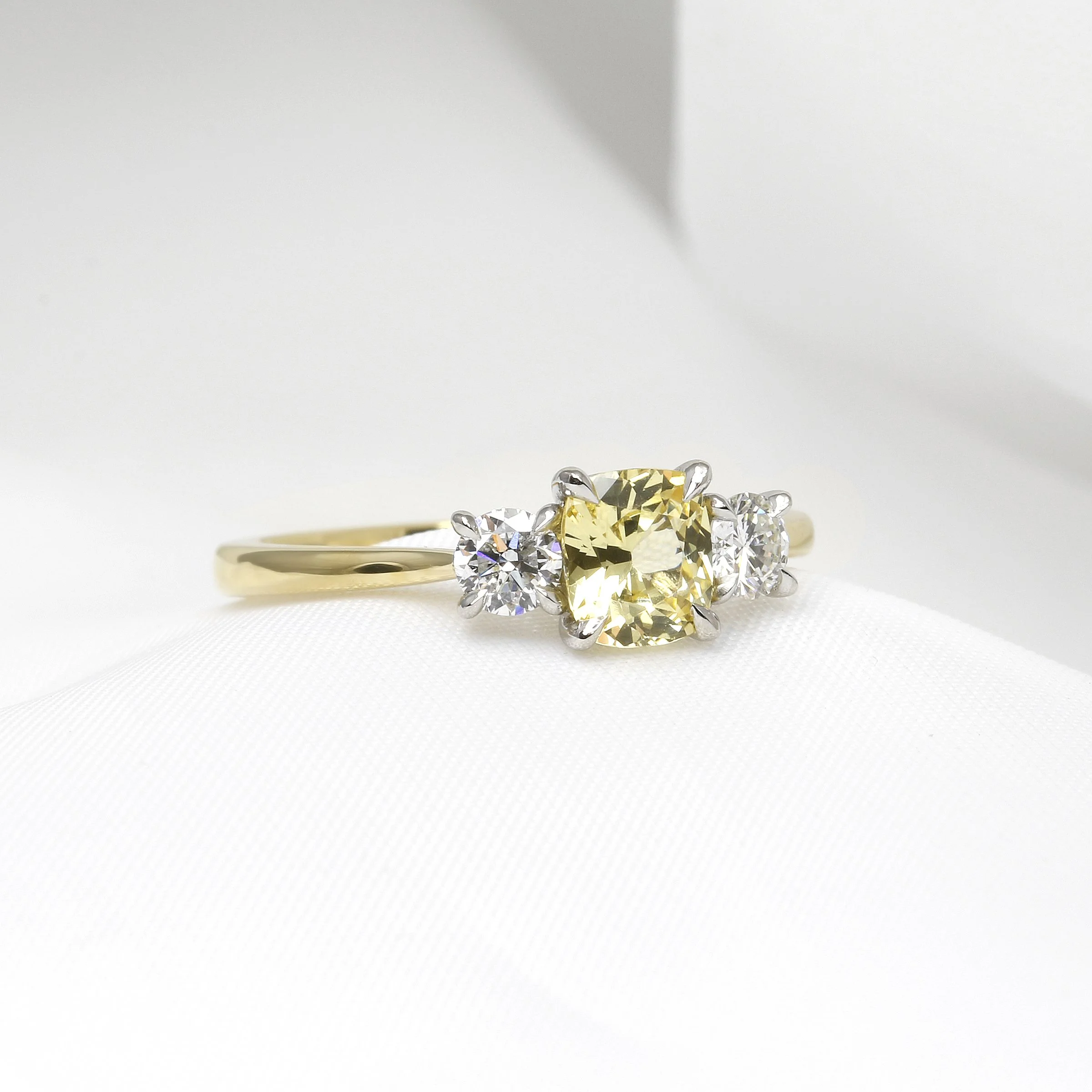 Yellow Sapphire and Diamond Three Stone Ring in Platinum and 18ct Yellow Gold