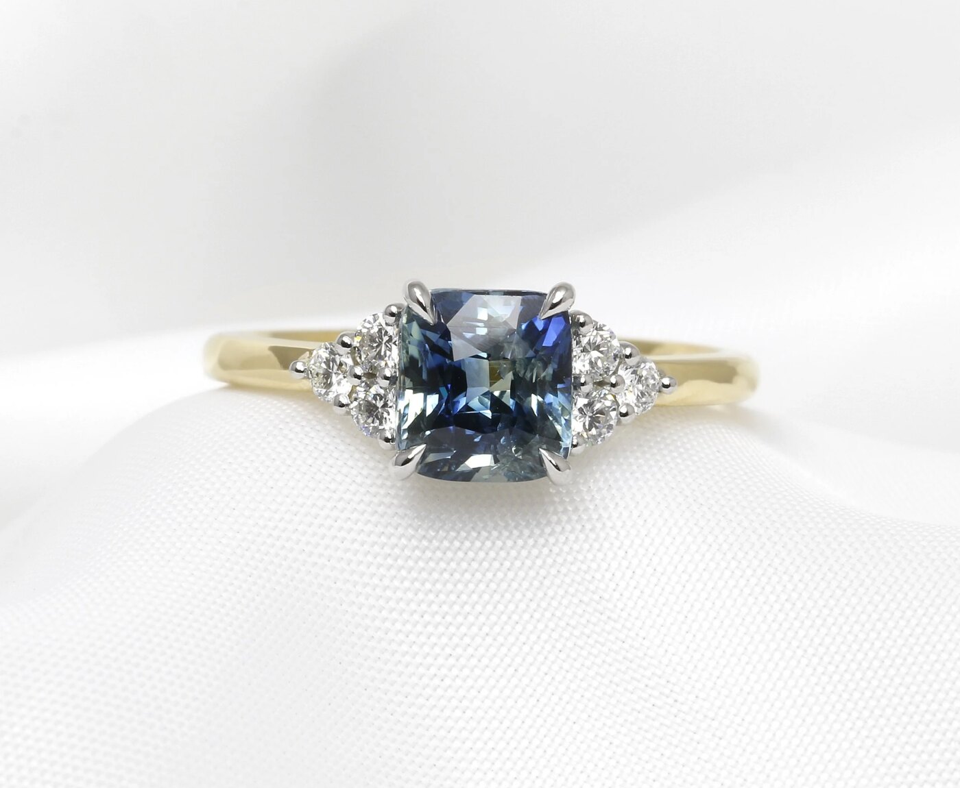 Parti-Colour Teal Sapphire and Diamond Ring in Platinum and 18 ct Yellow Gold