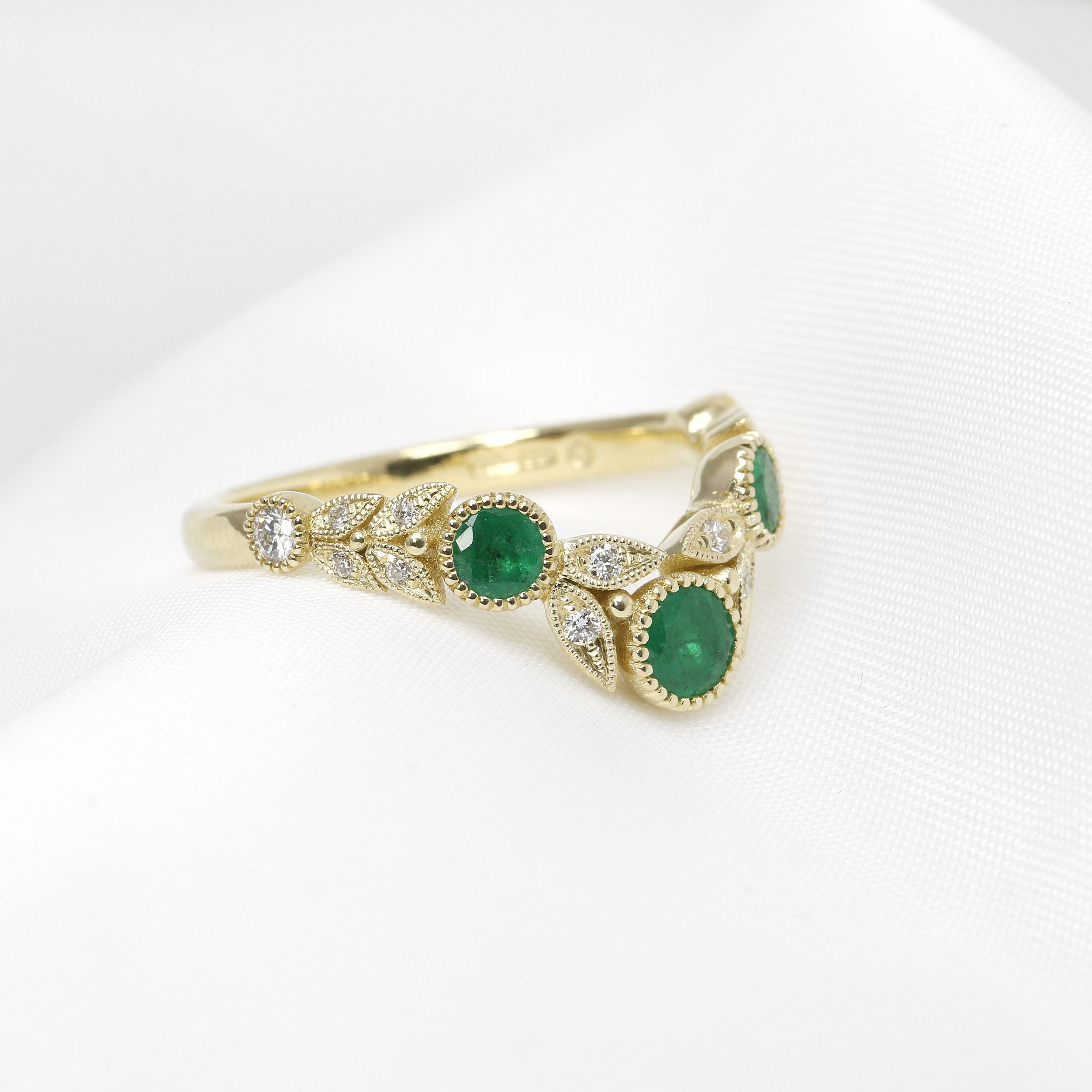 Emerald and Diamond Folitate Wishbone Ring