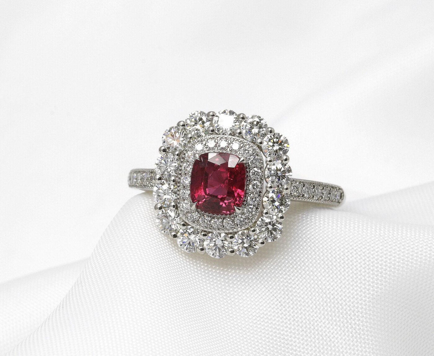 Ruby and Diamond Double Halo Ring in Platinum