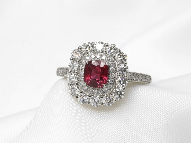 Ruby and Diamond Double Halo Ring in Platinum