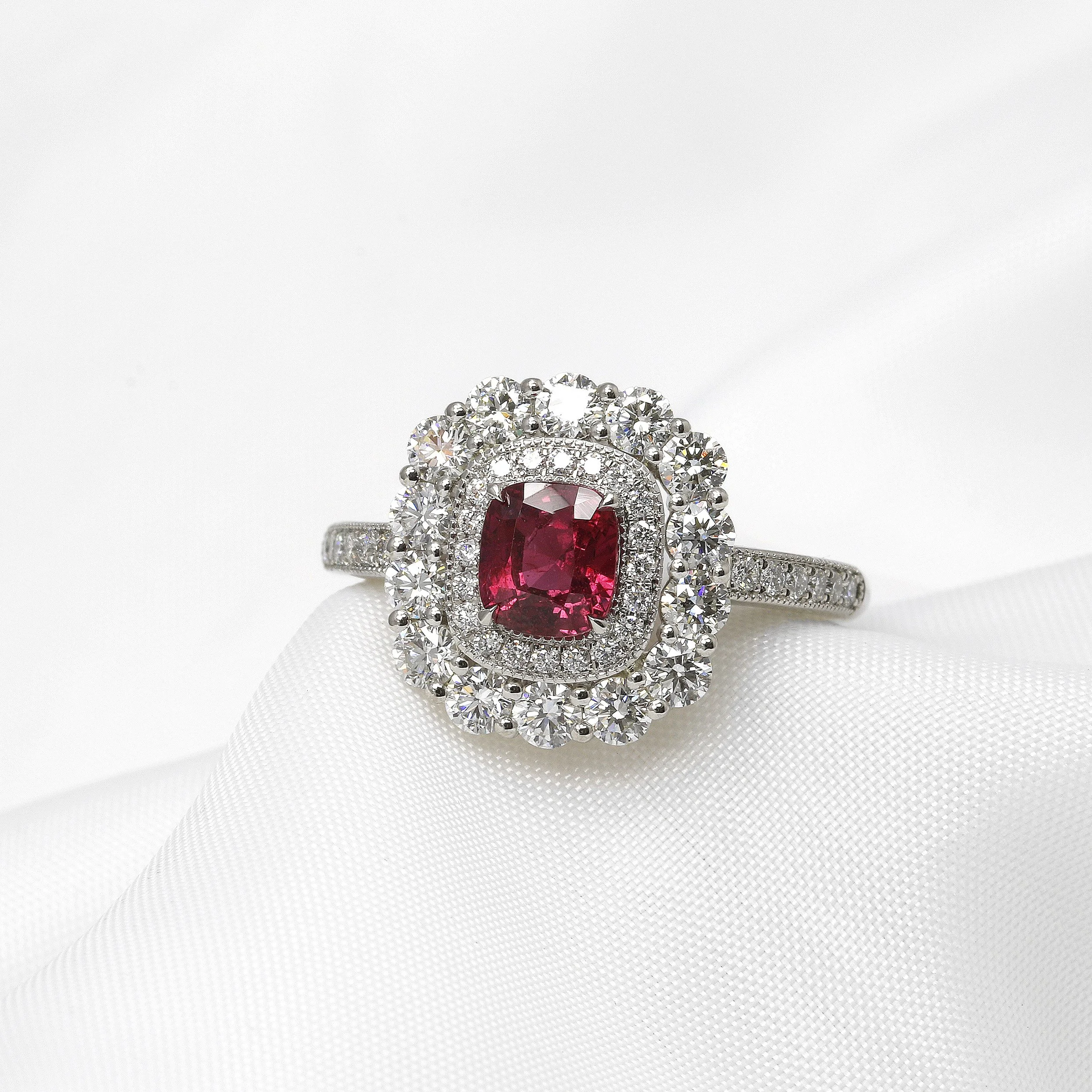 Ruby and Diamond Double Halo Ring in Platinum