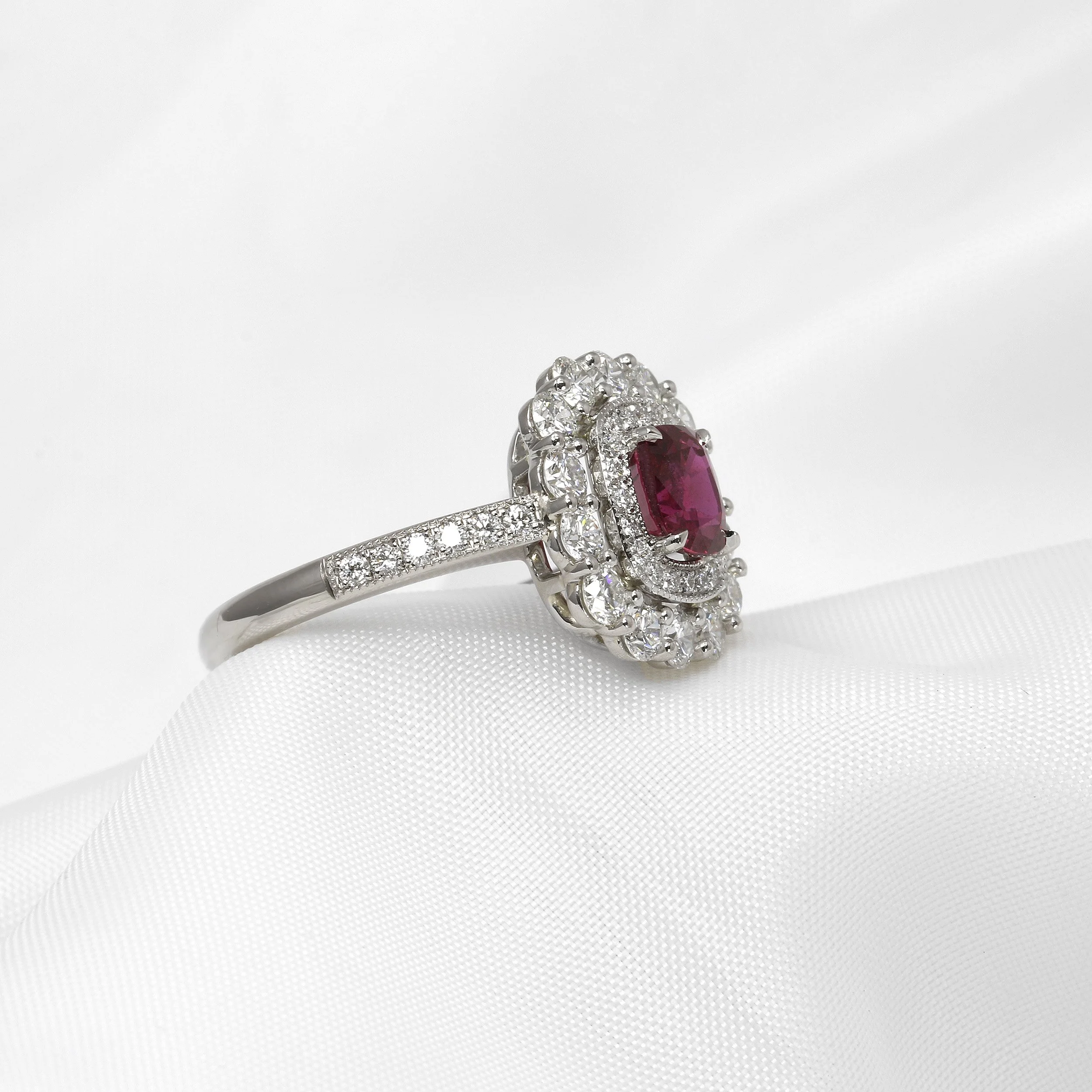 Ruby and Diamond Double Halo Ring in Platinum