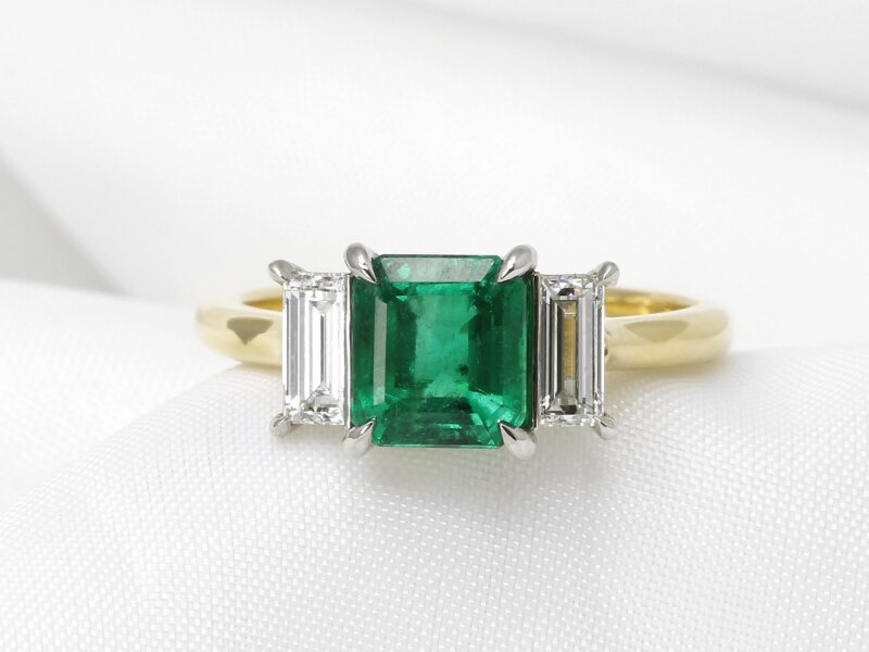 Emerald and Diamond Three Stone Ring in 18ct Gold and Platinum